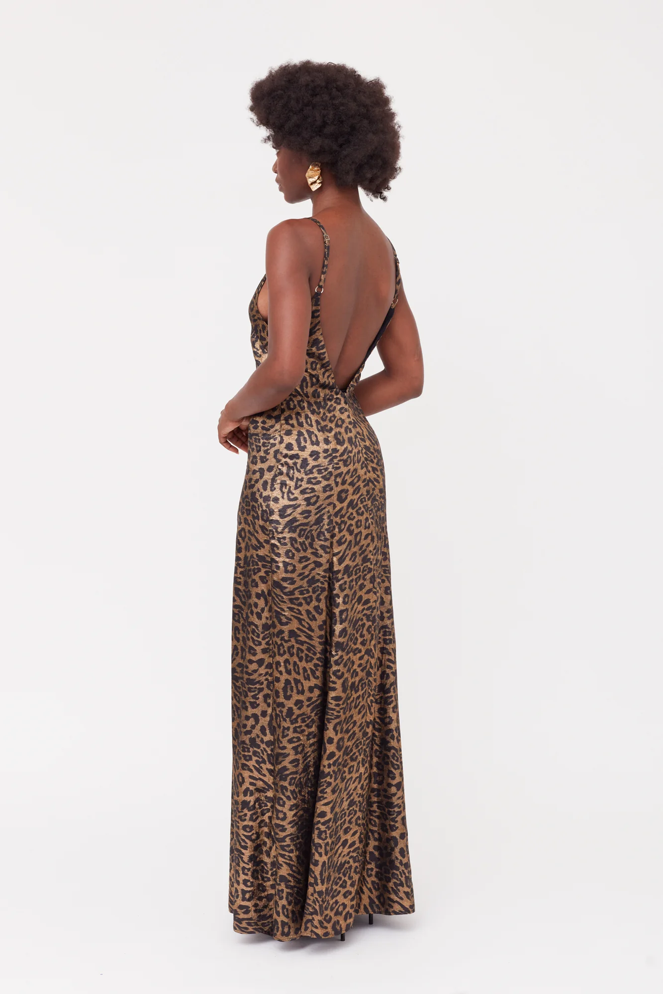INES Leopard Metallic Fabric Long Open Back Dress - Image 11