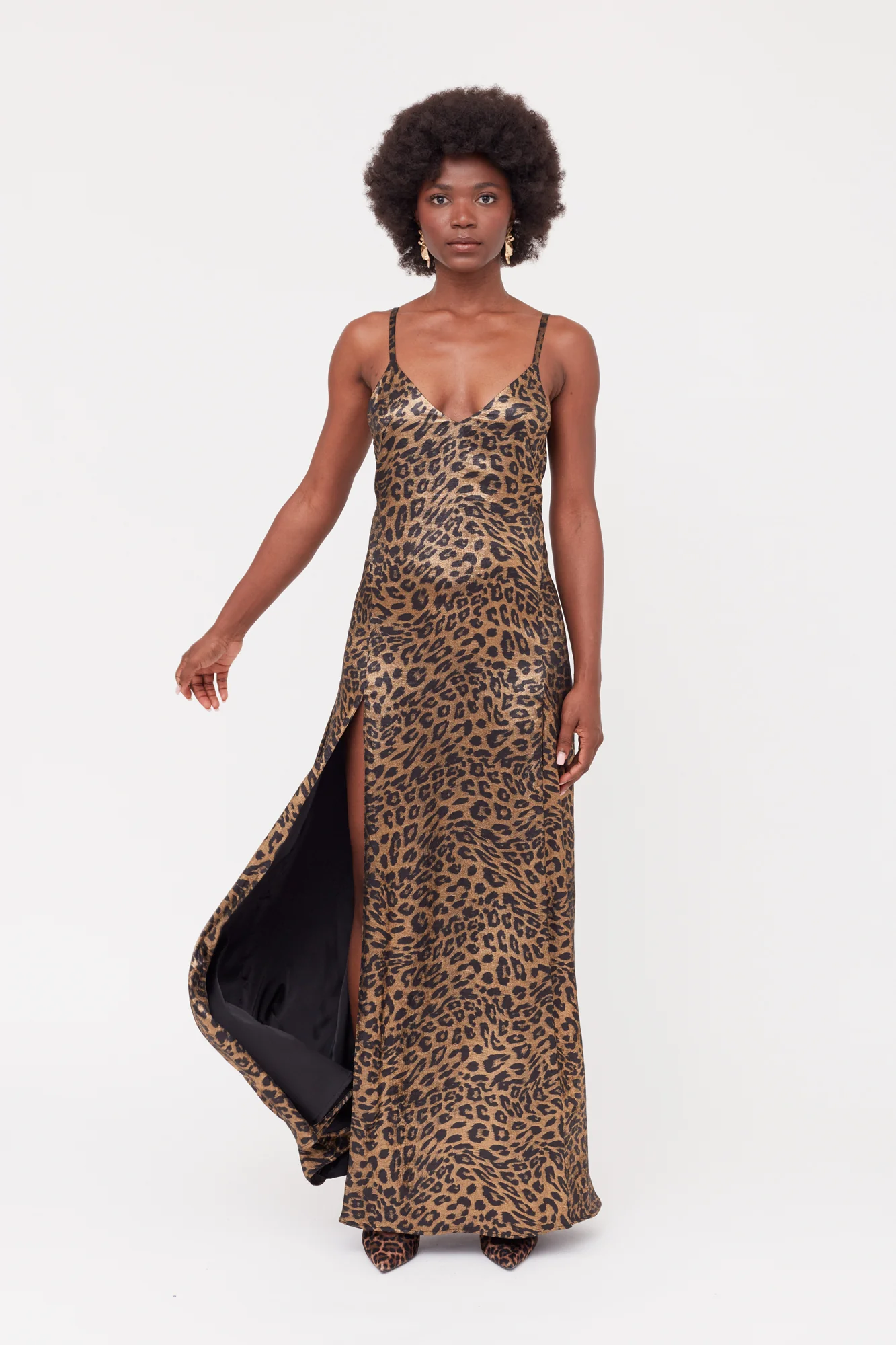 INES Leopard Metallic Fabric Long Open Back Dress - Image 2