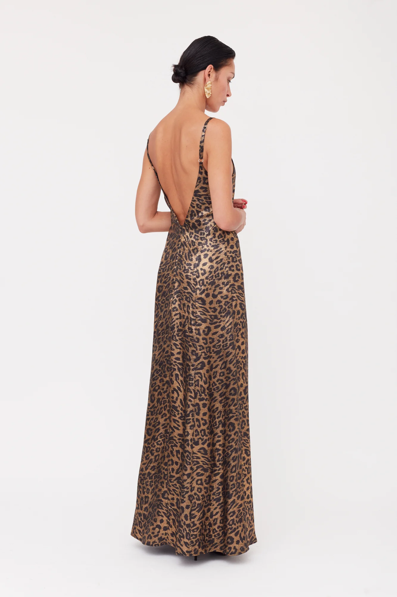 INES Leopard Metallic Fabric Long Open Back Dress - Image 3