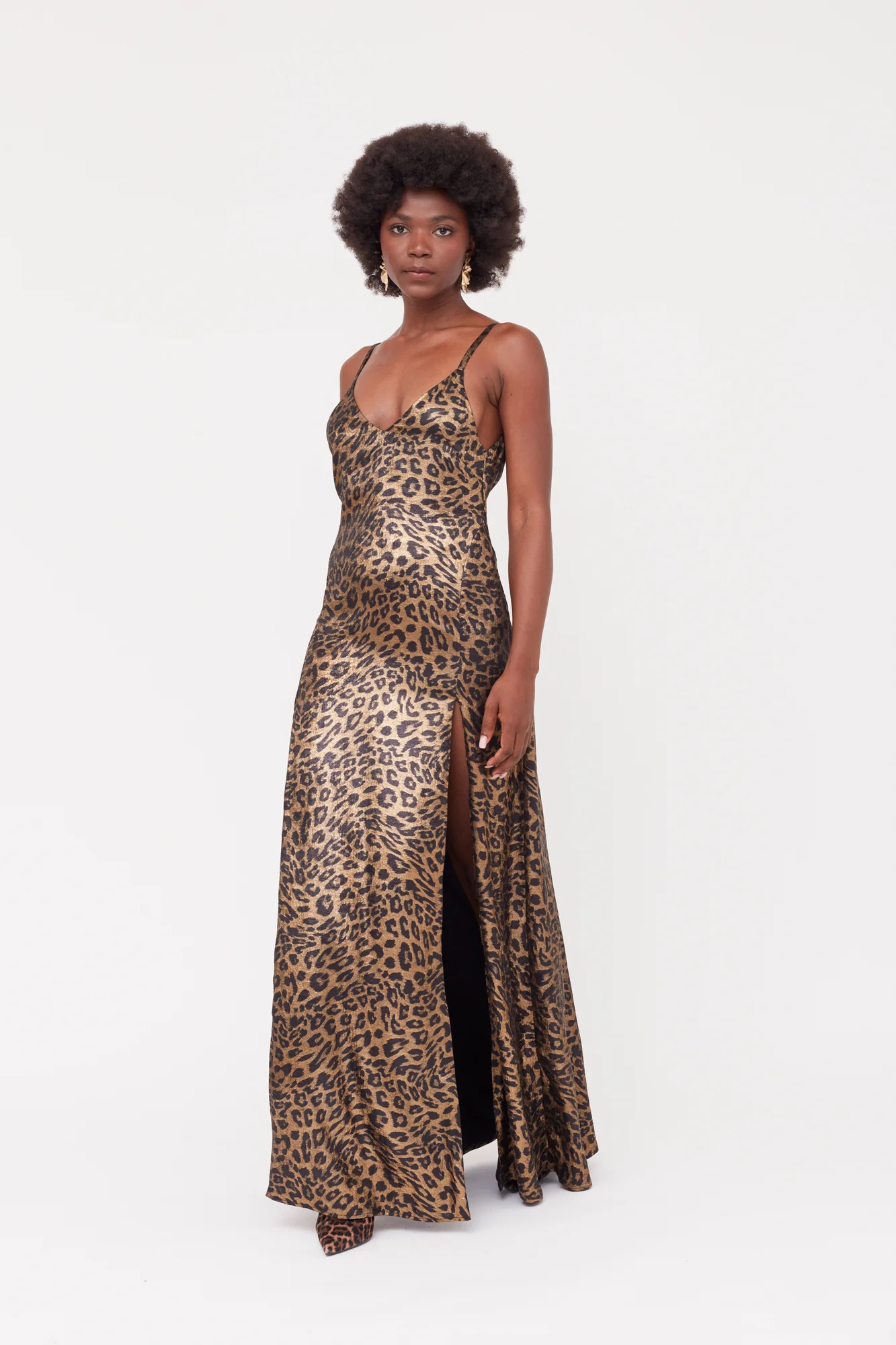 INES Leopard Metallic Fabric Long Open Back Dress - Image 4