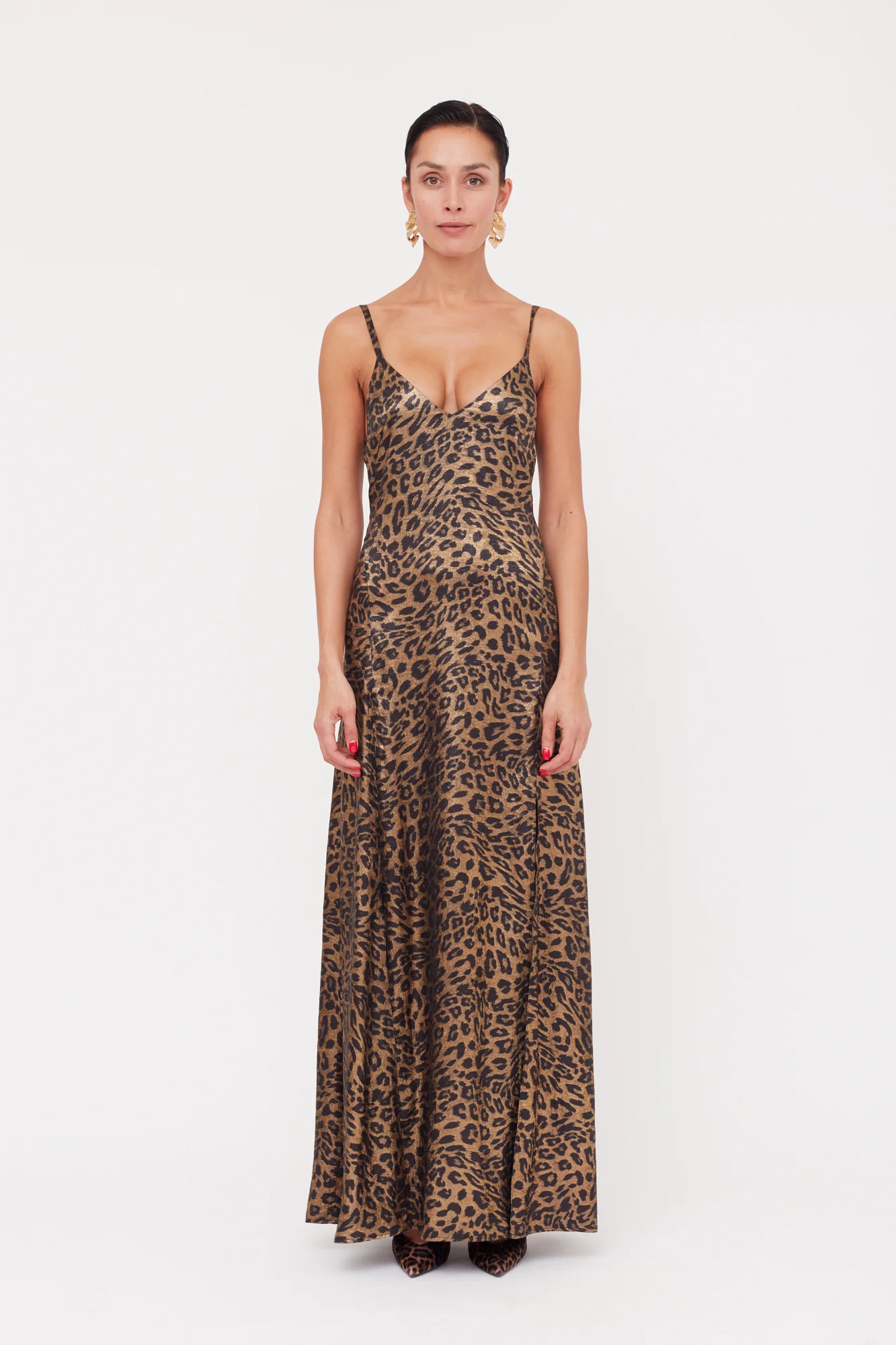 INES Leopard Metallic Fabric Long Open Back Dress - Image 5