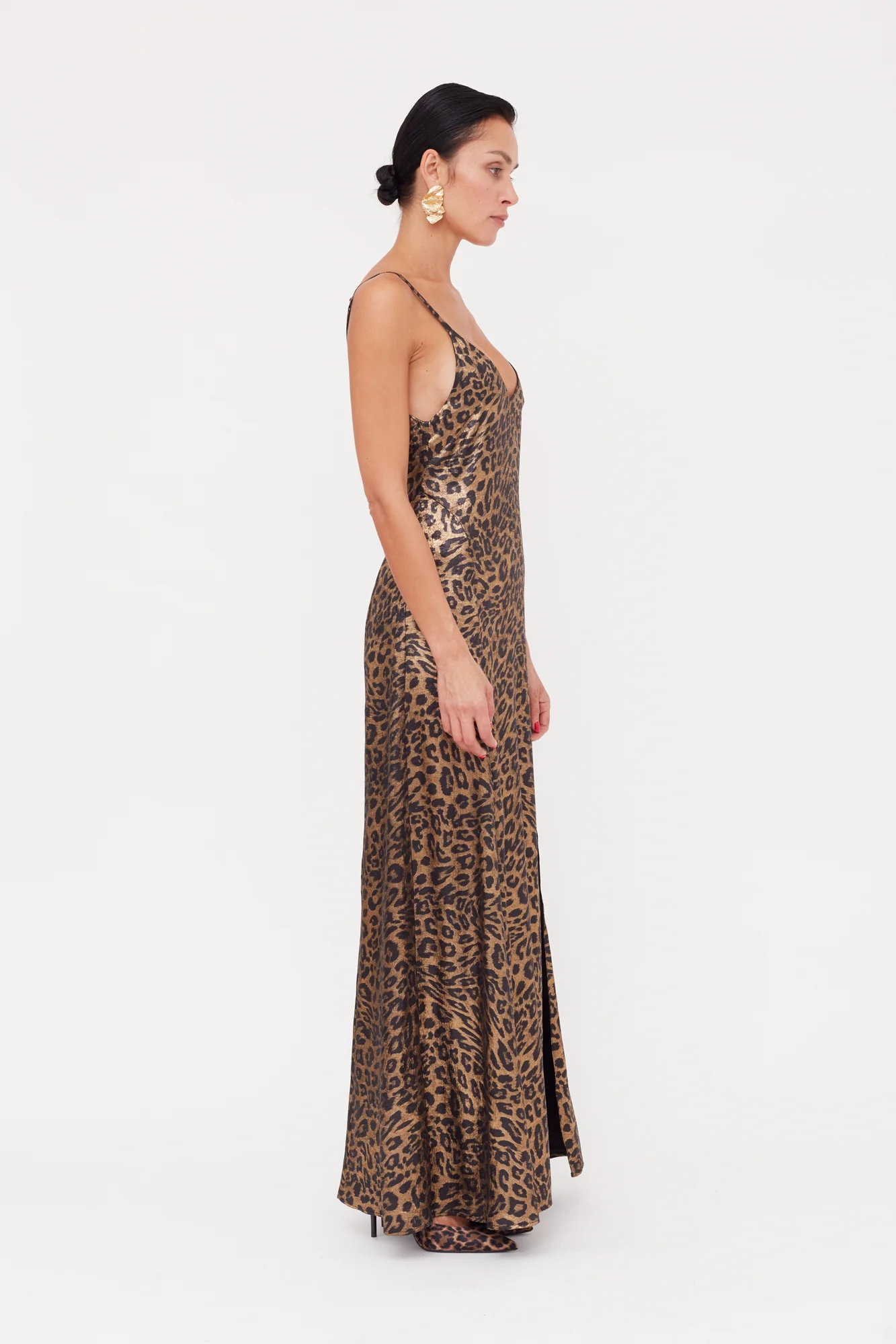 INES Leopard Metallic Fabric Long Open Back Dress - Image 7