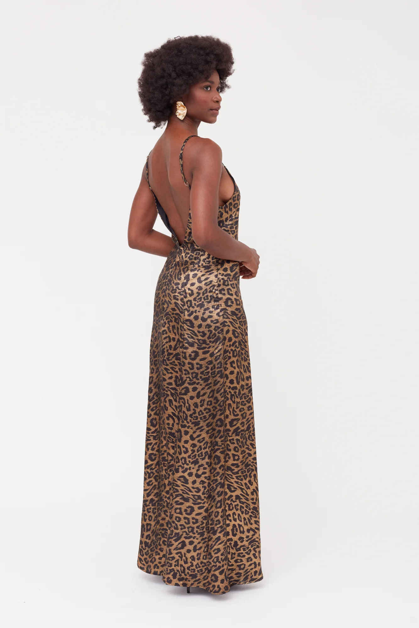 INES Leopard Metallic Fabric Long Open Back Dress - Image 9