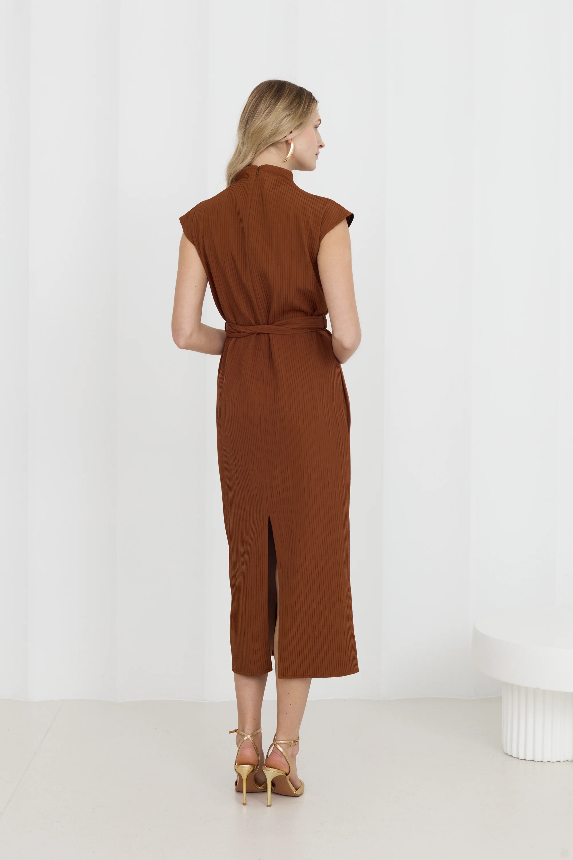 JUNO Brown Midi Dress with High Collar - Image 3