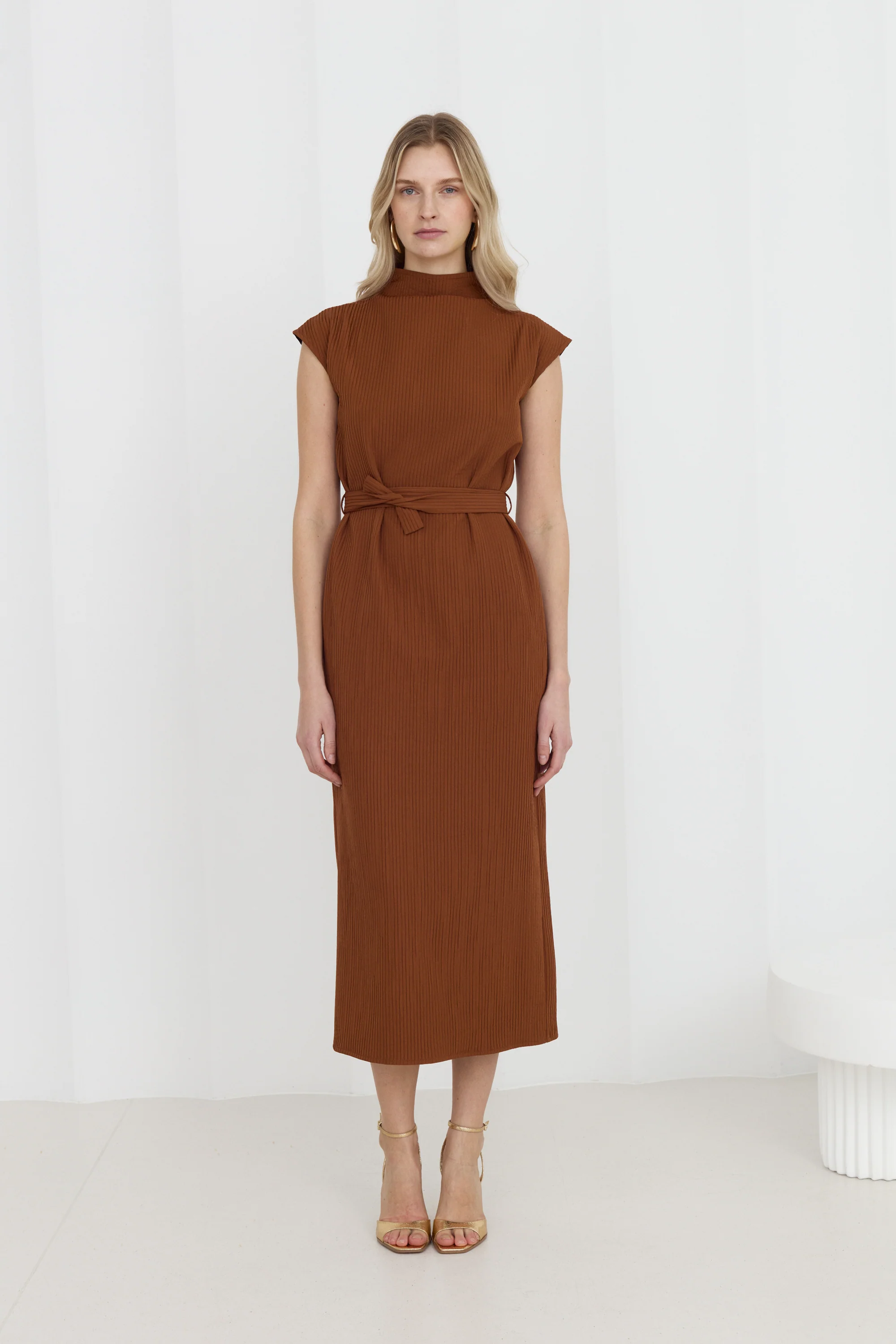 JUNO Brown Midi Dress with High Collar - Image 4