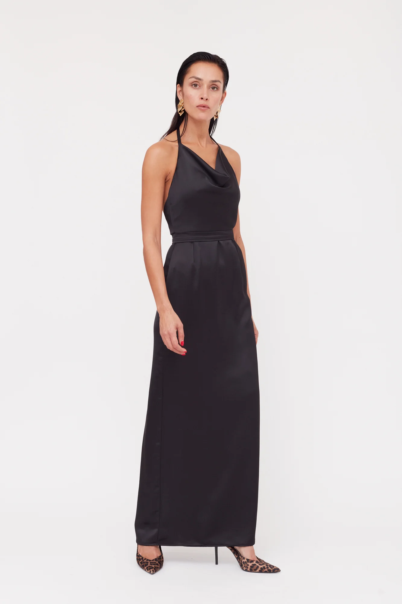 KALEA Black Satin Long Cowl Neck Dress - Image 3