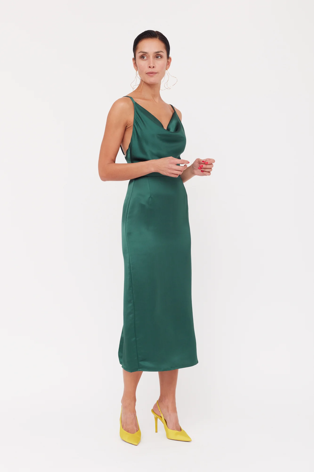KAMEA Deep Green Satin Cowl Neck Midi Dress - Image 7
