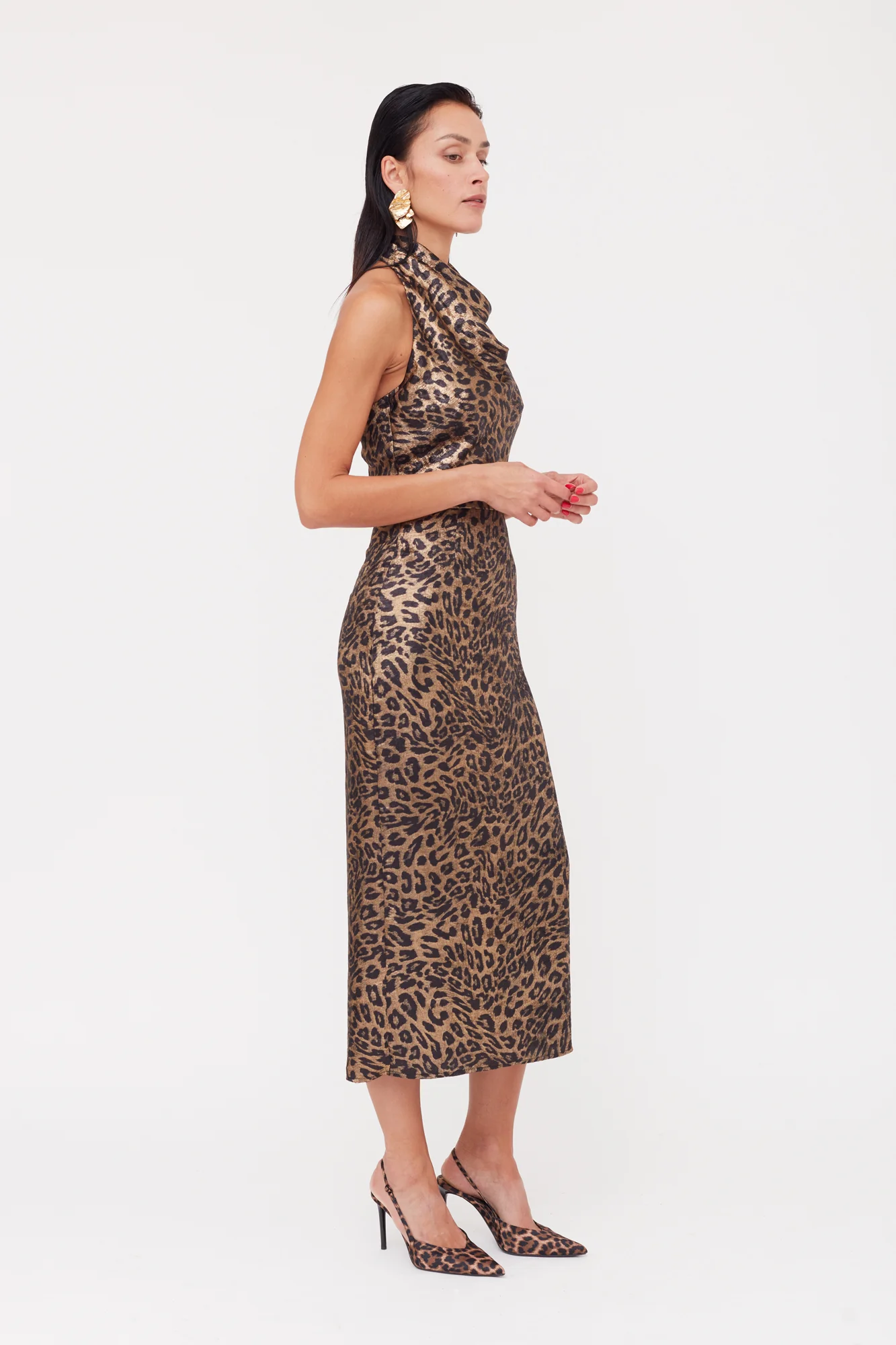 LARA Metallic Animal Print Midi Cowl Neck Dress - Image 3