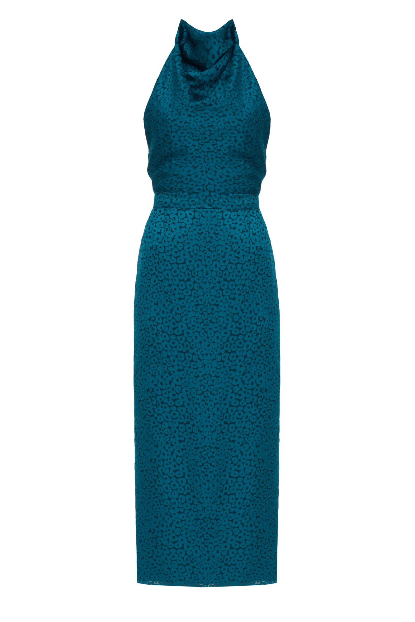 LARA Teal Blue Jacquard Fabric Midi Dress With Cowl Neck - Image 10
