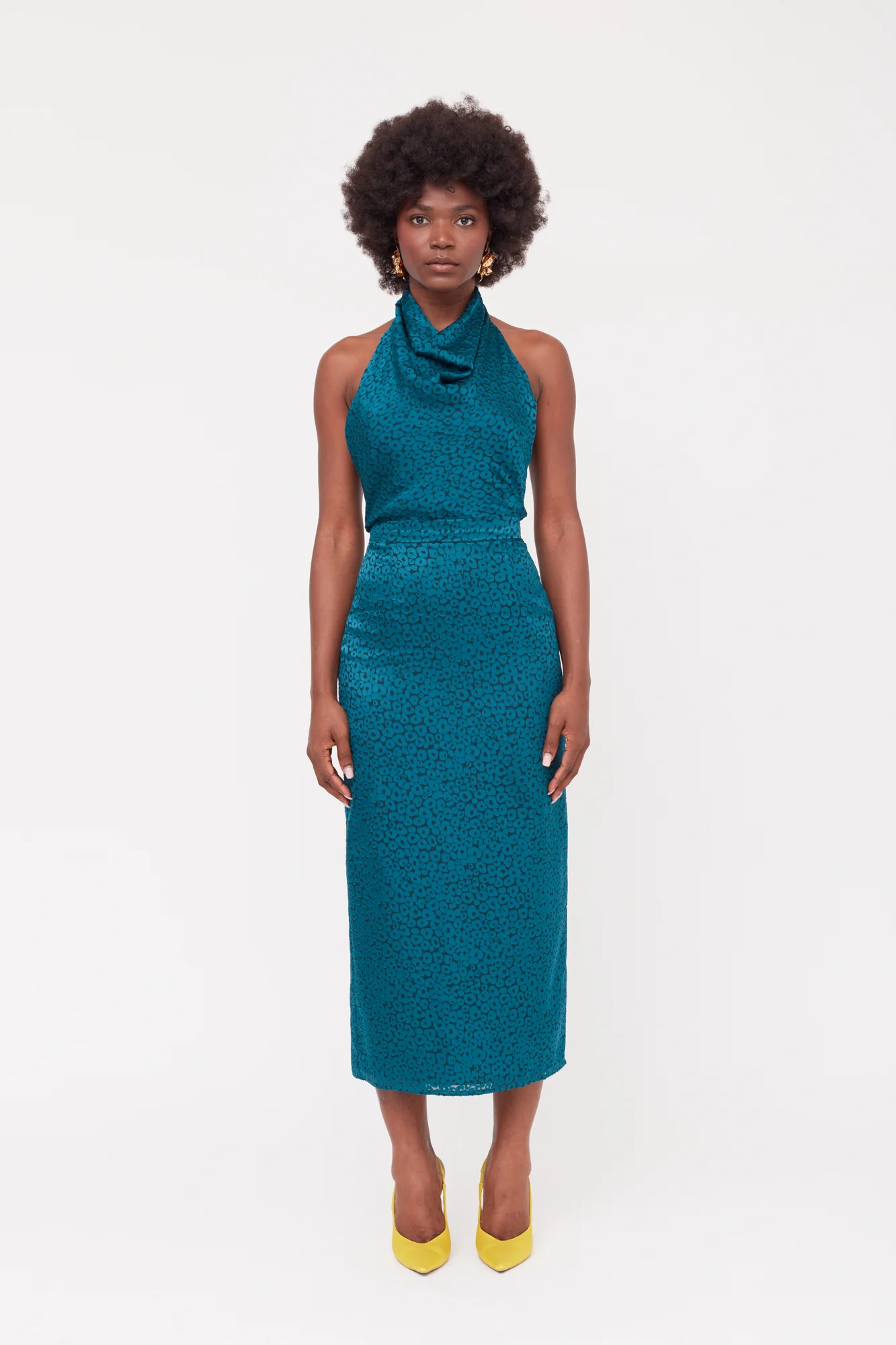 LARA Teal Blue Jacquard Fabric Midi Dress With Cowl Neck - Image 3