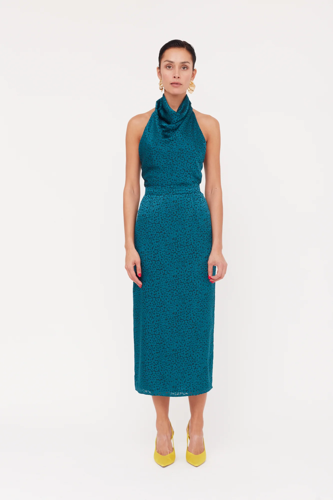 LARA Teal Blue Jacquard Fabric Midi Dress With Cowl Neck - Image 4