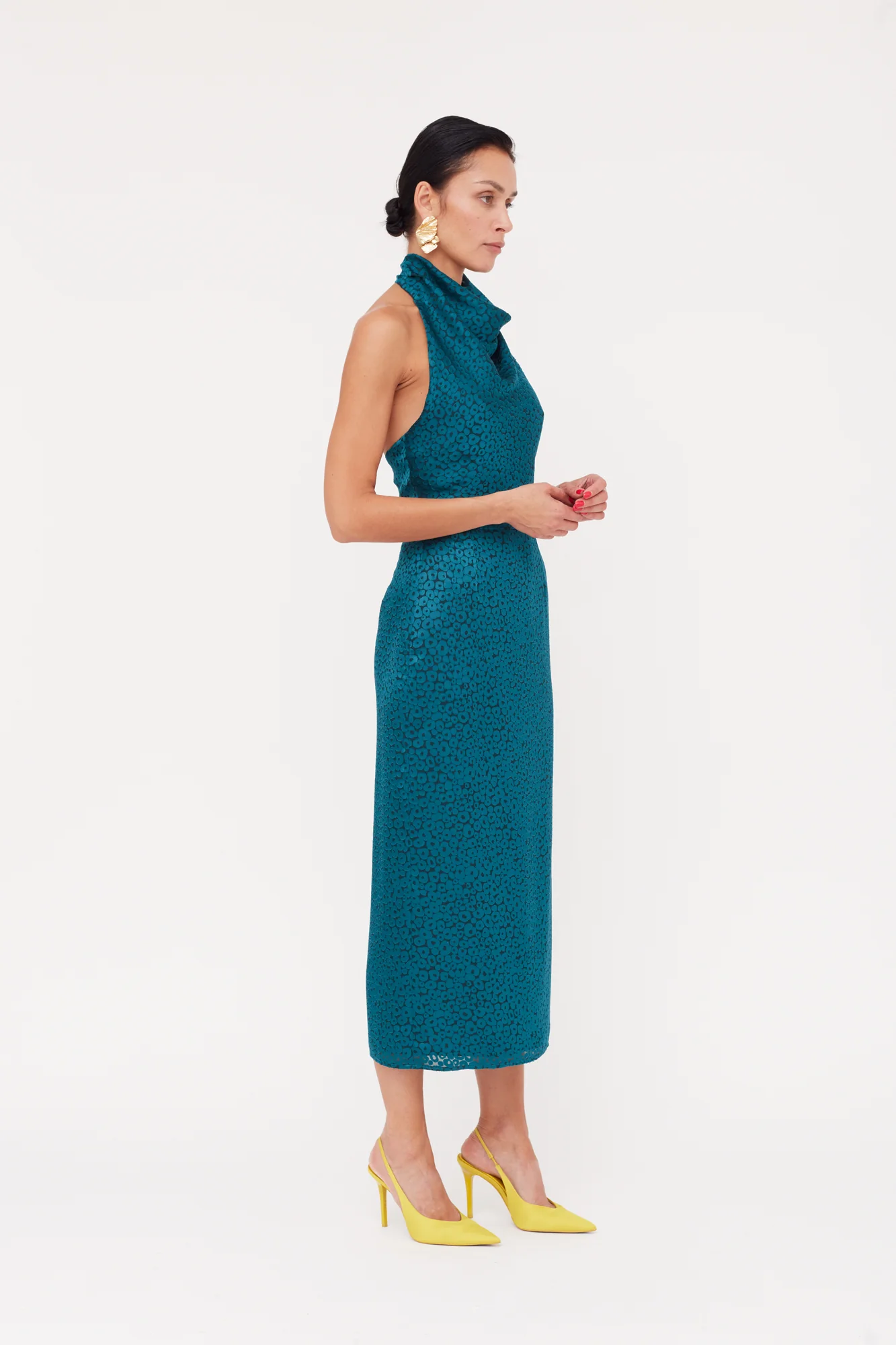 LARA Teal Blue Jacquard Fabric Midi Dress With Cowl Neck - Image 5