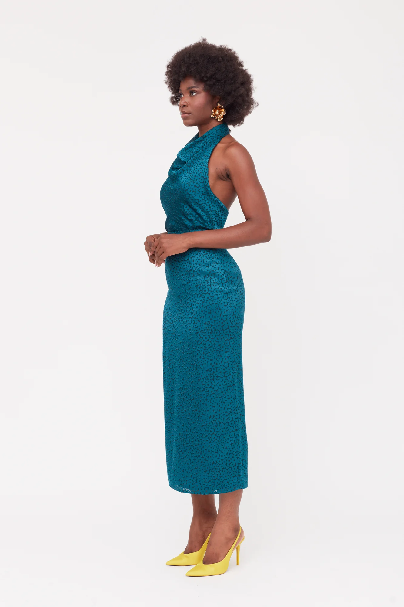 LARA Teal Blue Jacquard Fabric Midi Dress With Cowl Neck - Image 6
