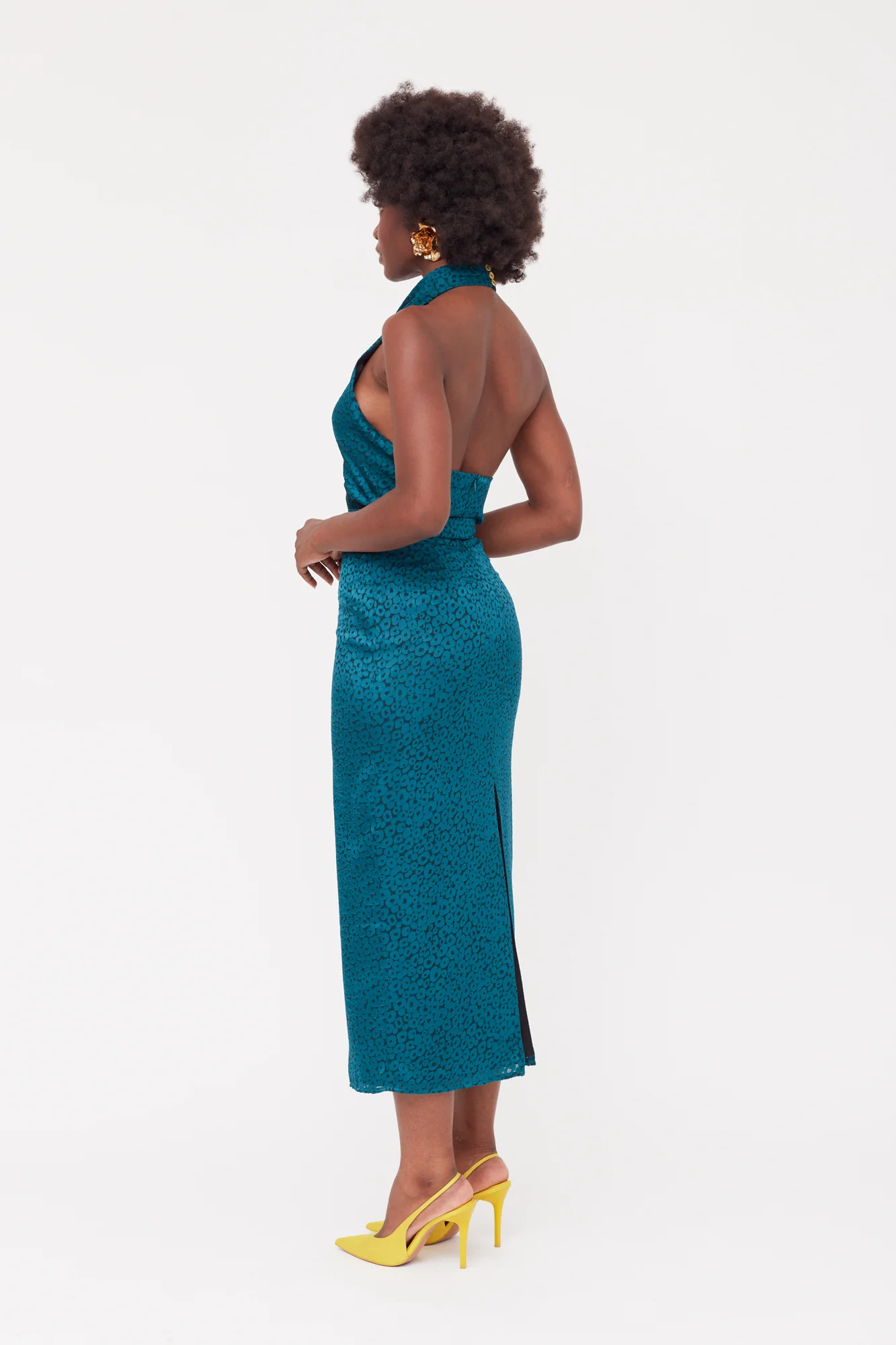 LARA Teal Blue Jacquard Fabric Midi Dress With Cowl Neck - Image 7