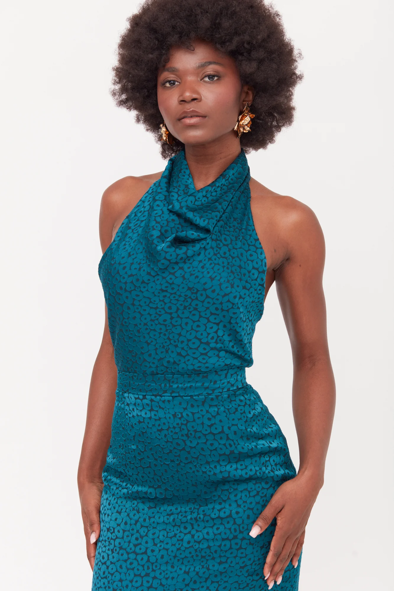 LARA Teal Blue Jacquard Fabric Midi Dress With Cowl Neck - Image 8