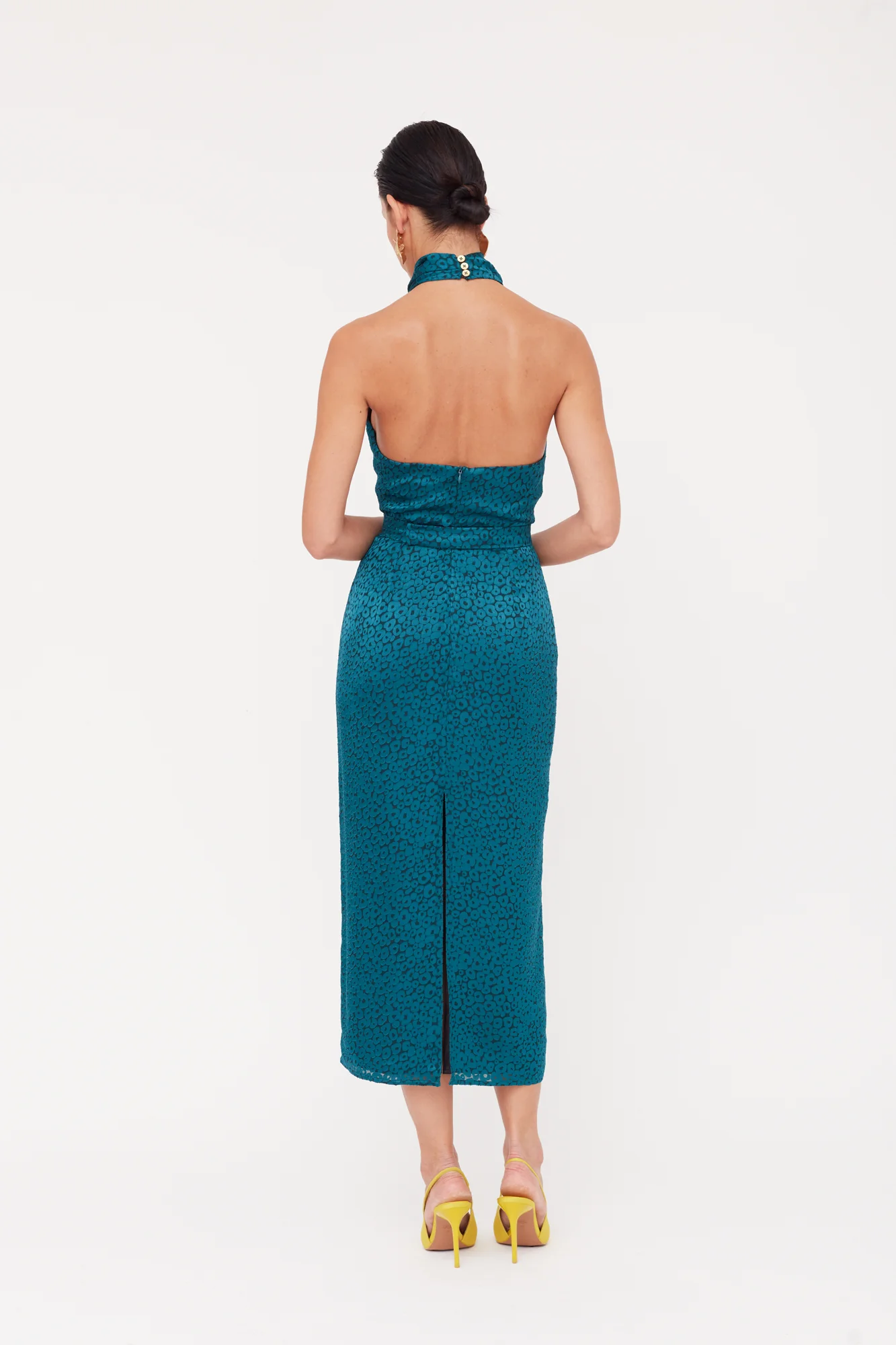 LARA Teal Blue Jacquard Fabric Midi Dress With Cowl Neck - Image 9