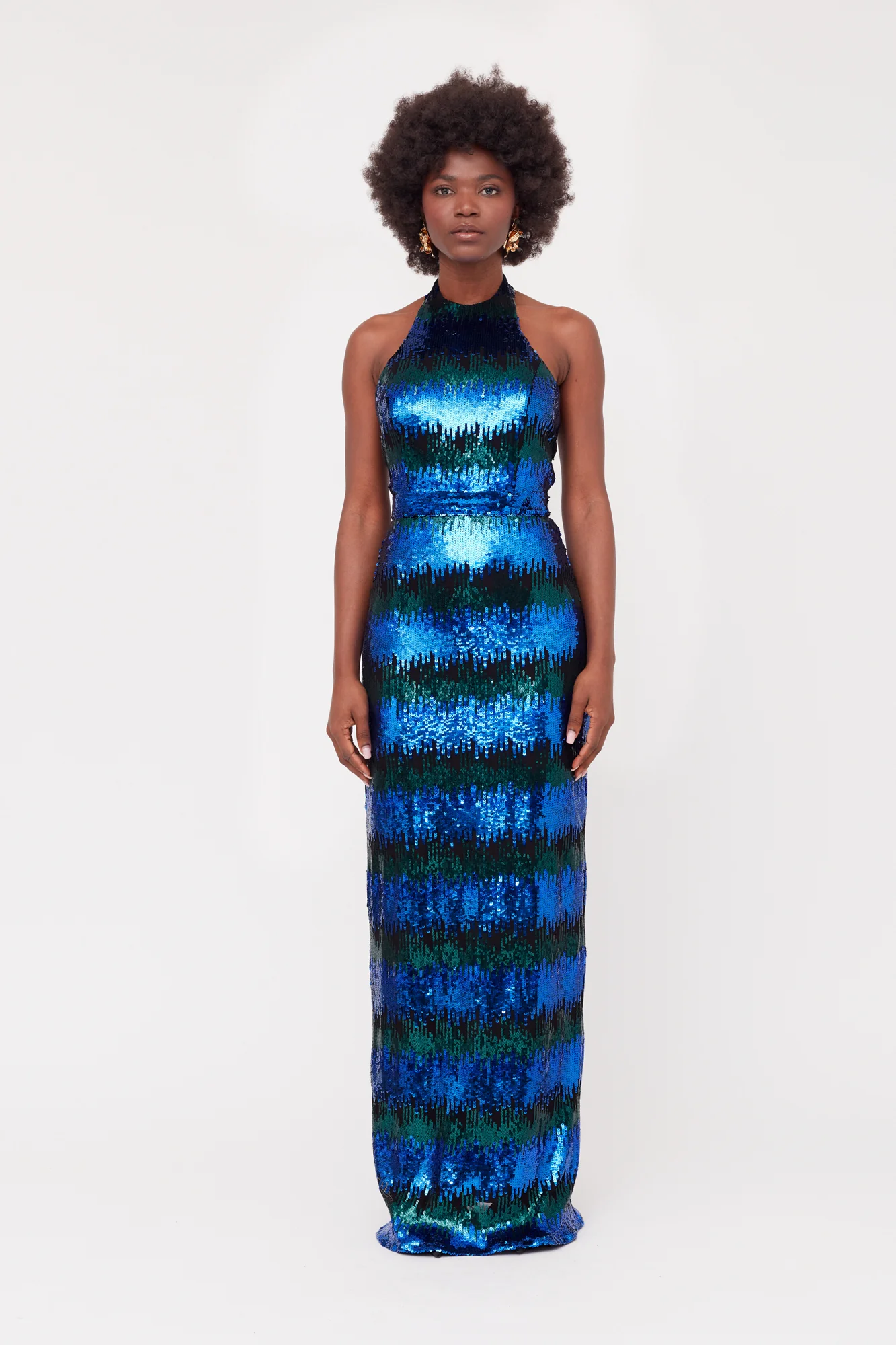 LILIAN Blue & Green Sequin Maxi Evening Dress With Halter Neck - Image 3