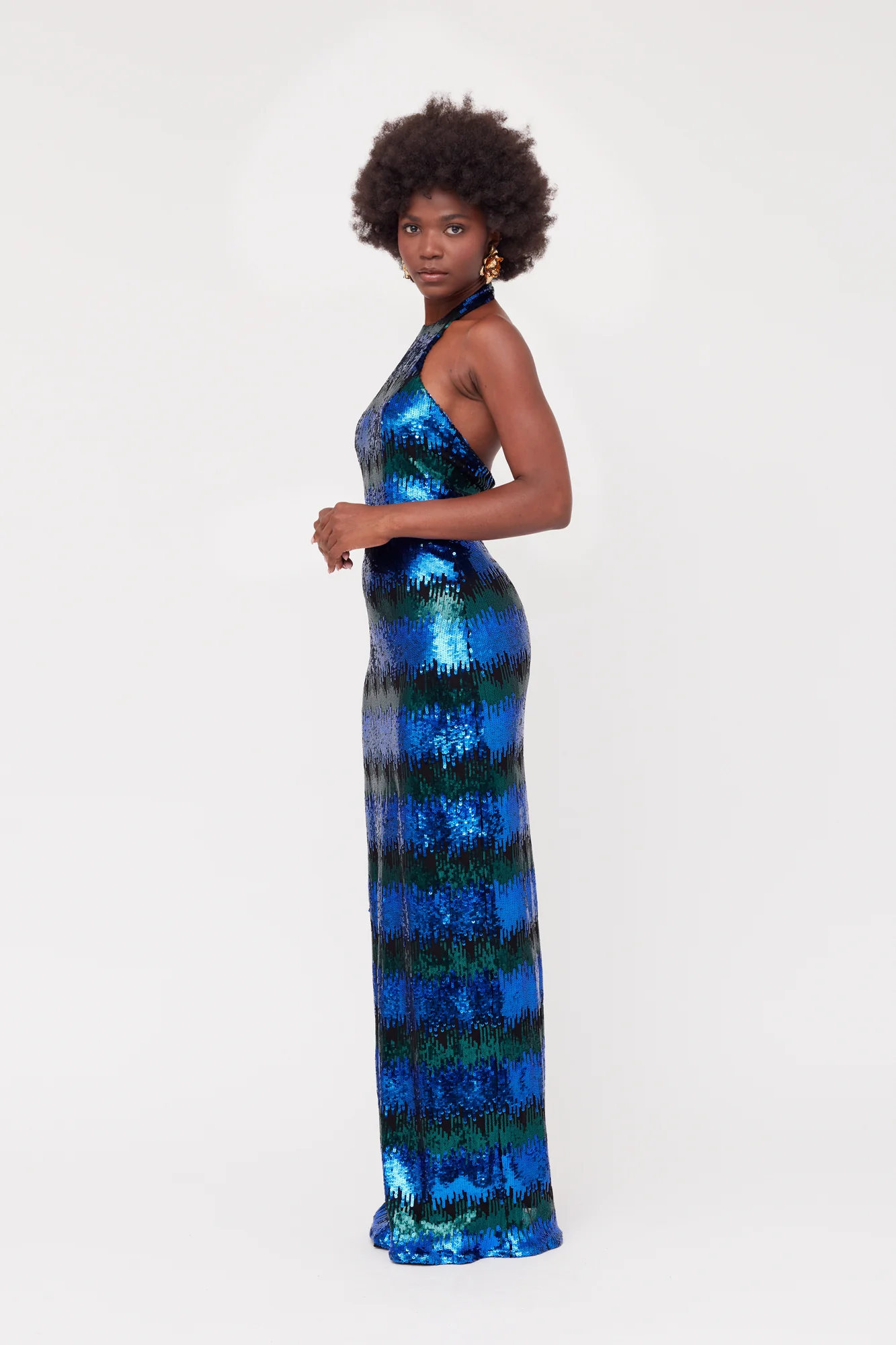 LILIAN Blue & Green Sequin Maxi Evening Dress With Halter Neck - Image 5