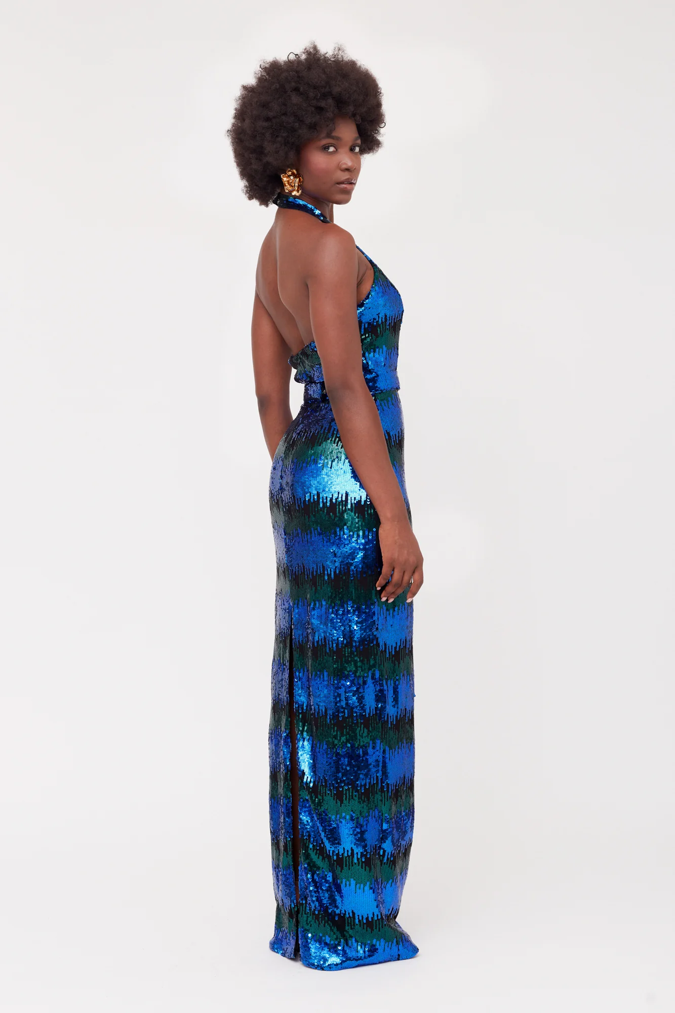 LILIAN Blue & Green Sequin Maxi Evening Dress With Halter Neck - Image 6