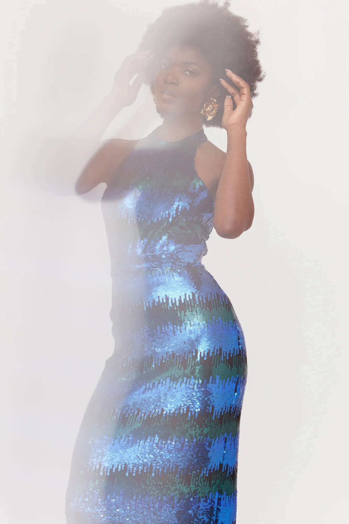 LILIAN Blue & Green Sequin Maxi Evening Dress With Halter Neck - Image 7