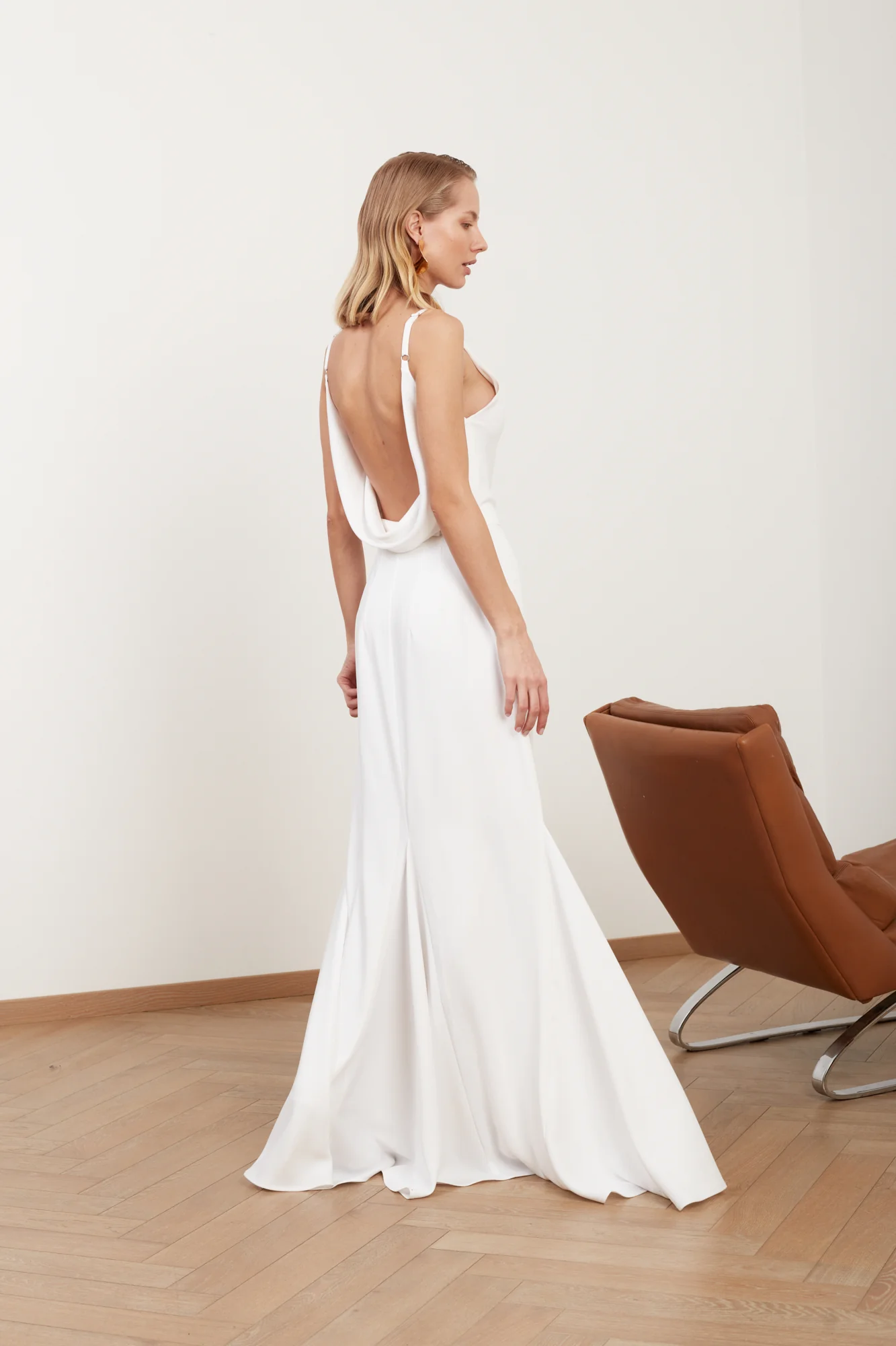 LINEA white long wedding dress with cowl back - Image 2