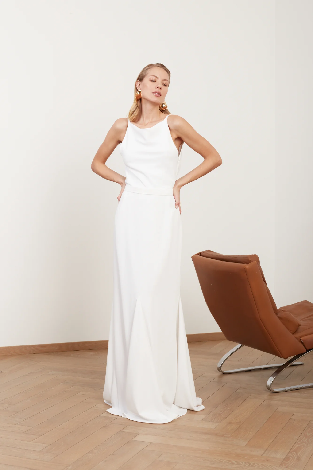 LINEA white long wedding dress with cowl back - Image 4