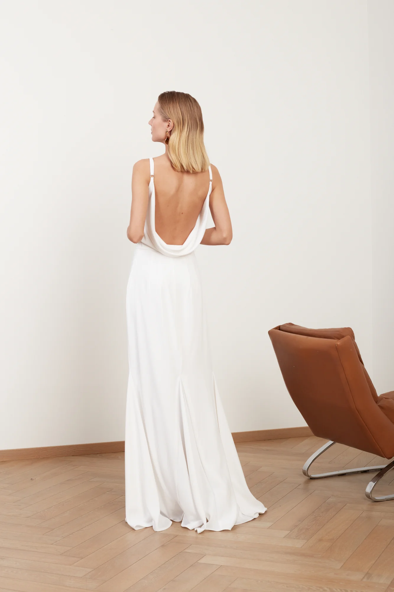 LINEA white long wedding dress with cowl back - Image 5