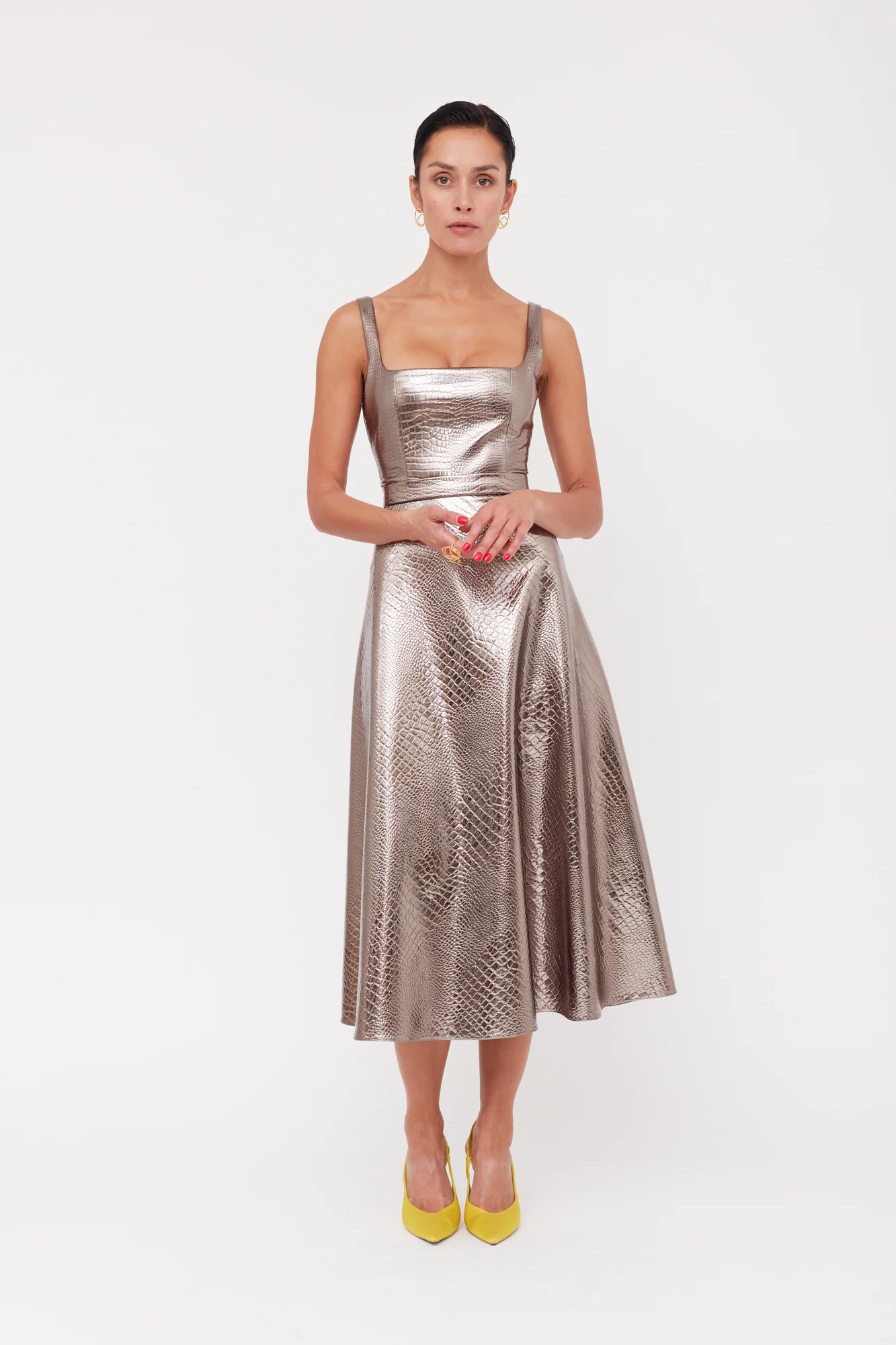 LISANA Bronze Faux Leather Midi Dress With Flattering Skirt - Image 3