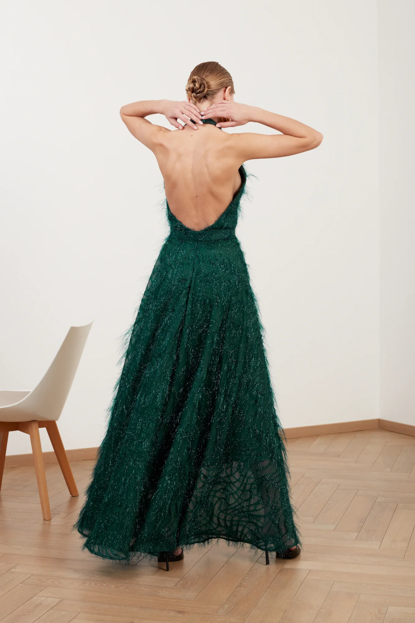 MAISSA green feather long evening gown with open back - Image 10