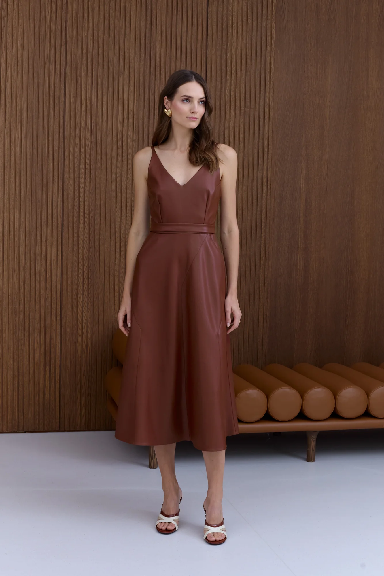 MALOU Chocolate Vegan Leather Midi Dress - Image 3