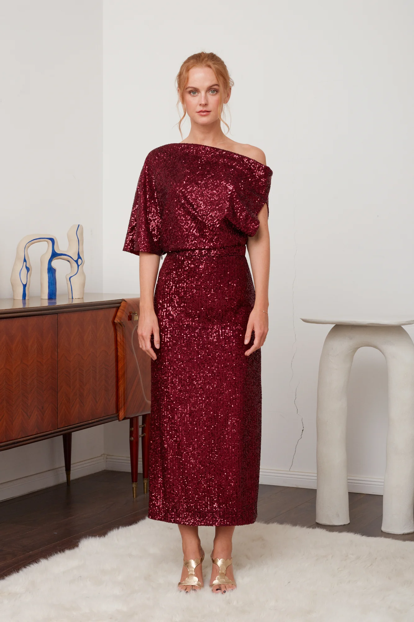 MARGO deep red sequin asymmetric cocktail dress - Image 3