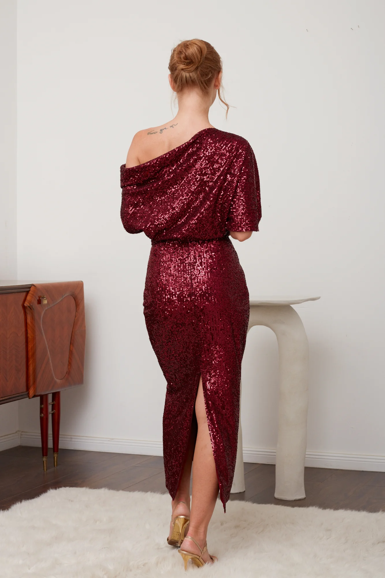 MARGO deep red sequin asymmetric cocktail dress - Image 4