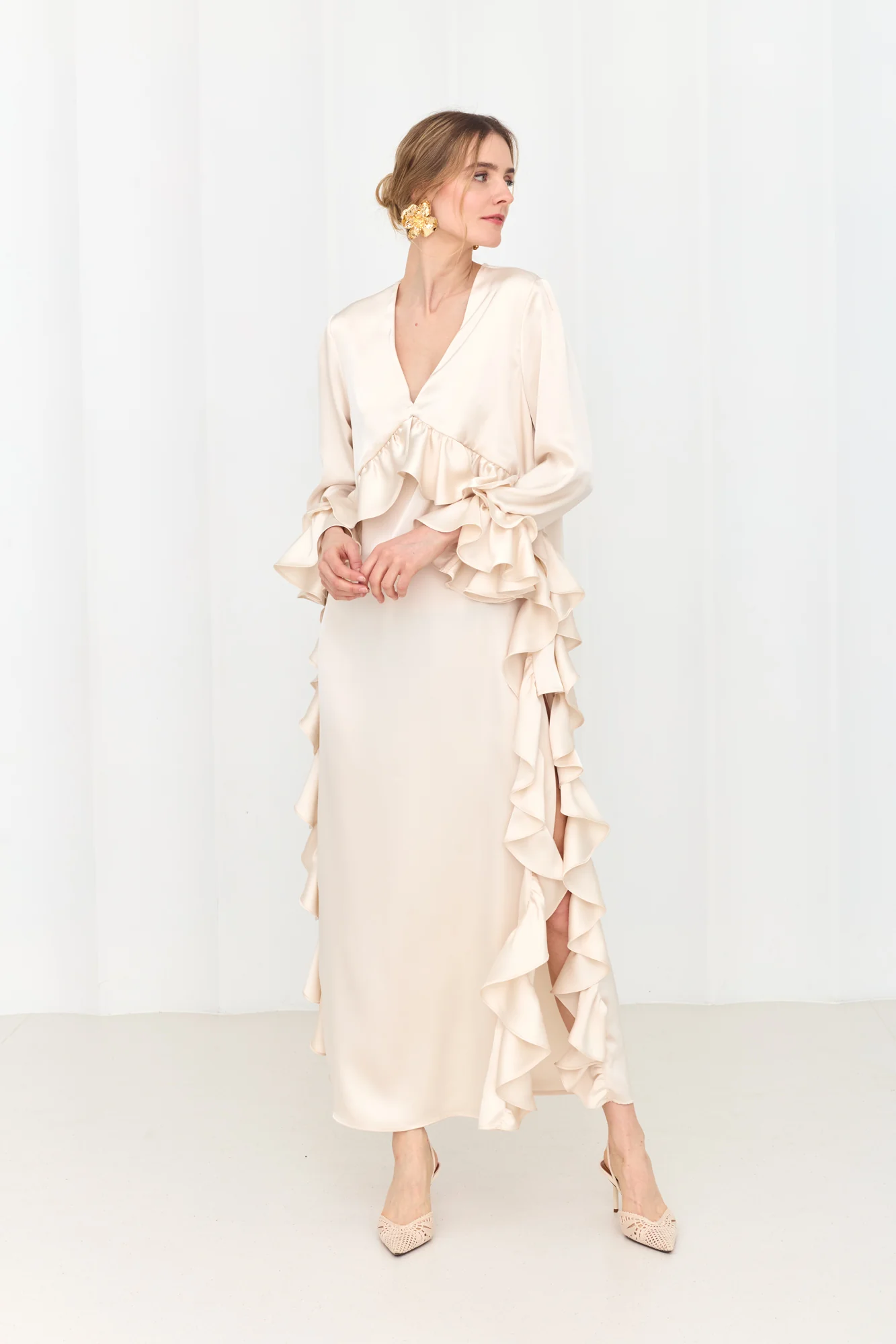 MARIS Pastel Maxi Ruffle Boho Chic Dress With Side Slits - Image 6