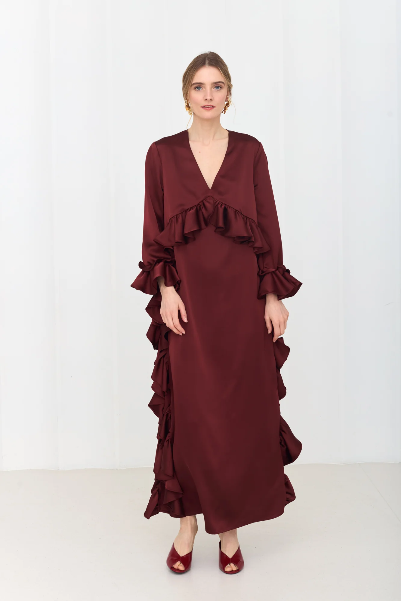 MARIS Deep Red Maxi Ruffle Boho Chic Dress With Side Slits - Image 2