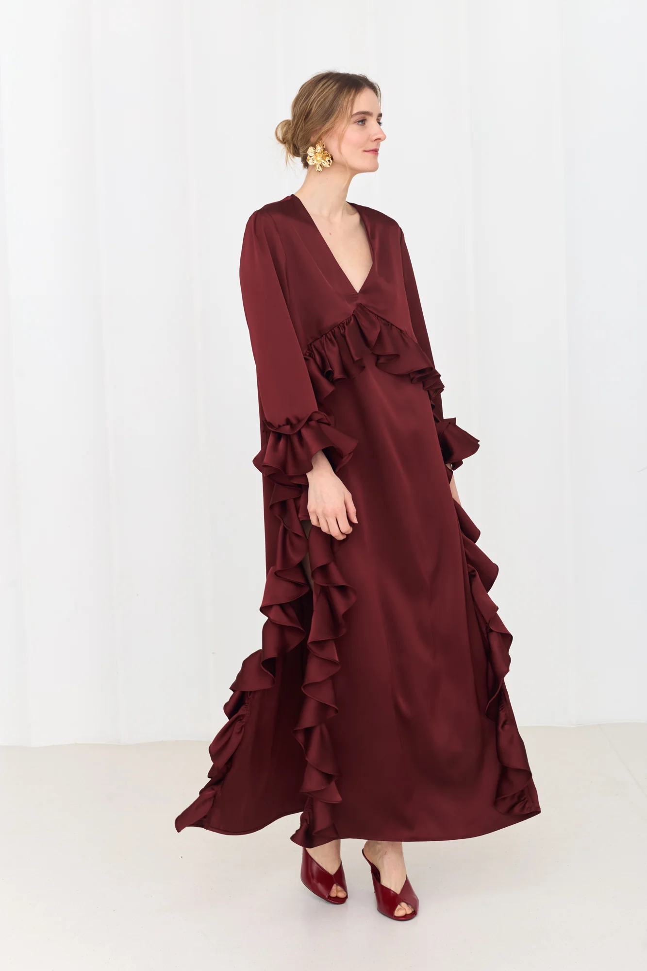 MARIS Deep Red Maxi Ruffle Boho Chic Dress With Side Slits - Image 3