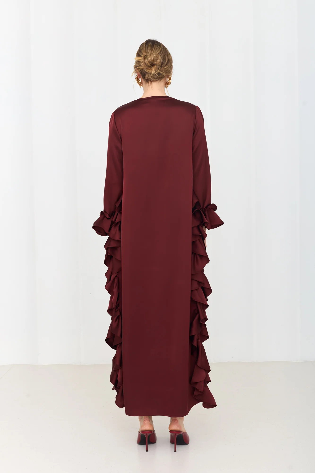 MARIS Deep Red Maxi Ruffle Boho Chic Dress With Side Slits - Image 4
