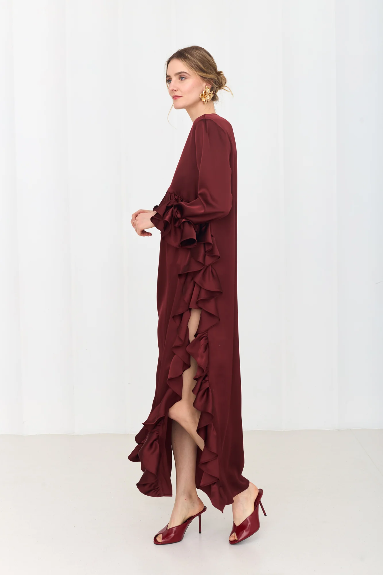 MARIS Deep Red Maxi Ruffle Boho Chic Dress With Side Slits - Image 5