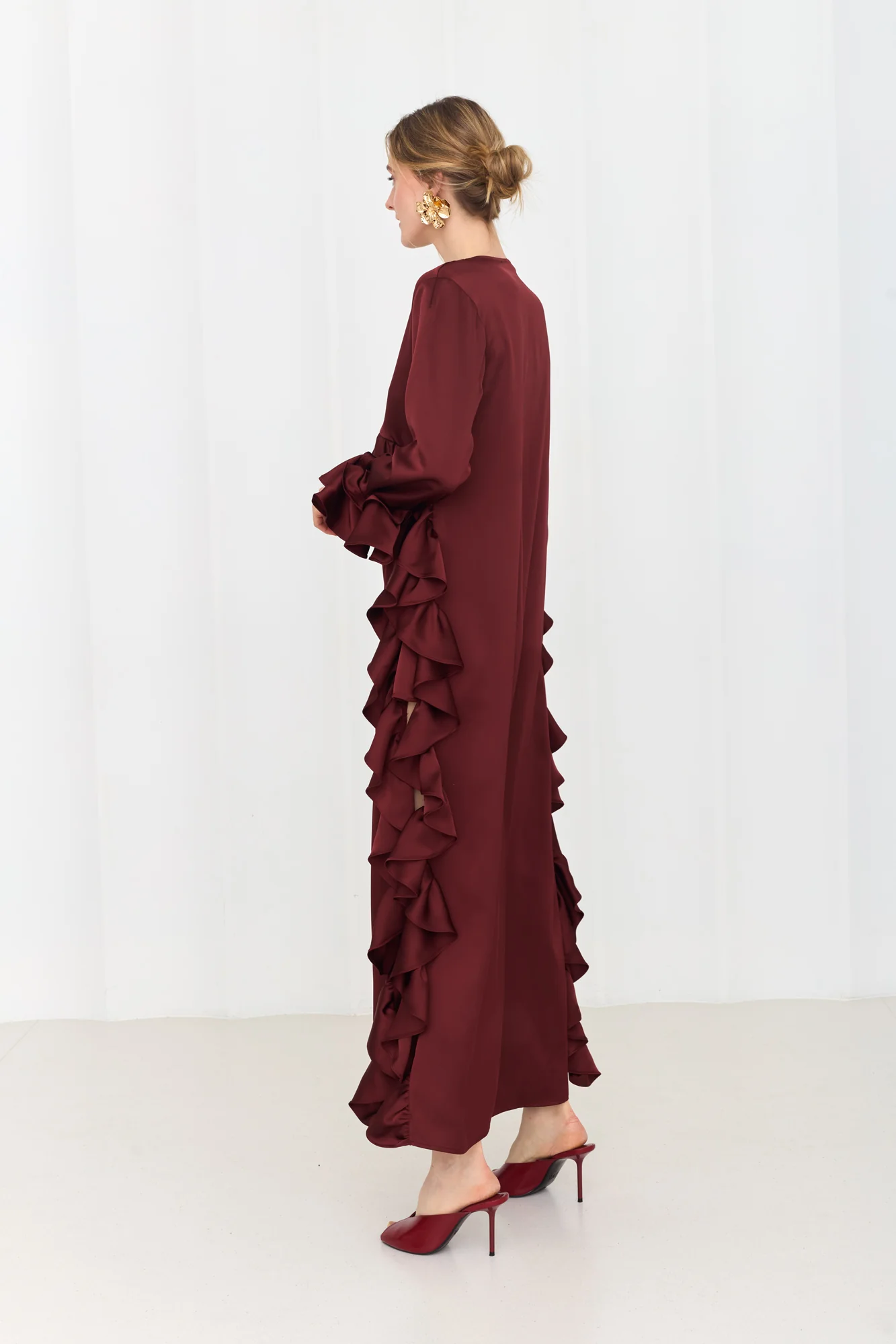 MARIS Deep Red Maxi Ruffle Boho Chic Dress With Side Slits - Image 6