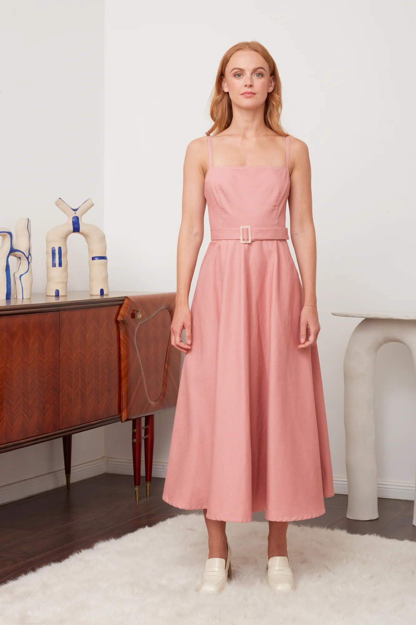 MATISSA pastel pink denim open back midi dress with retro skirt - Image 4