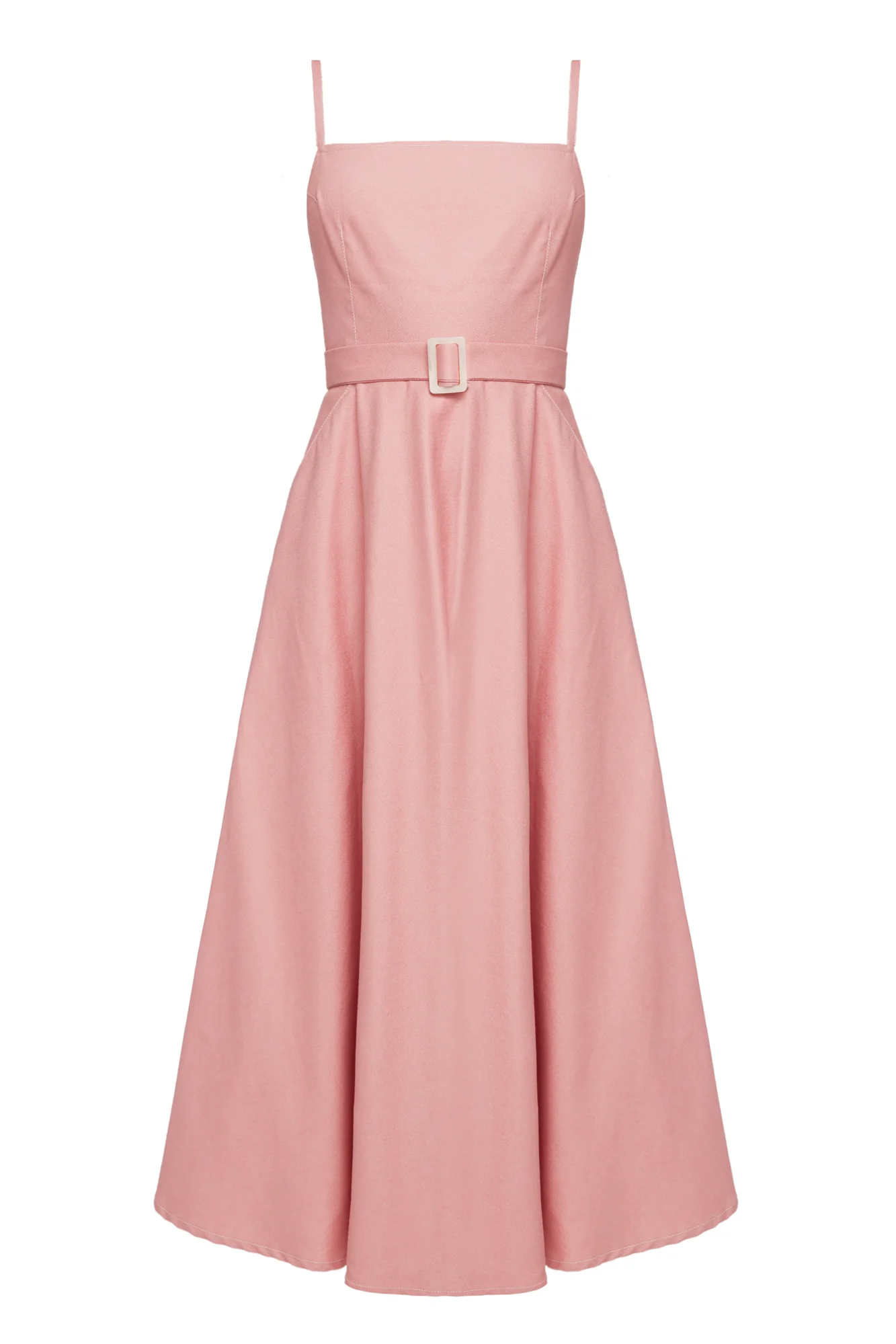 MATISSA pastel pink denim open back midi dress with retro skirt - Image 7