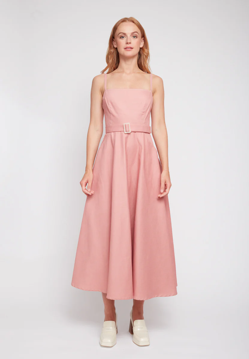 MATISSA pastel pink denim open back midi dress with retro skirt - Image 8