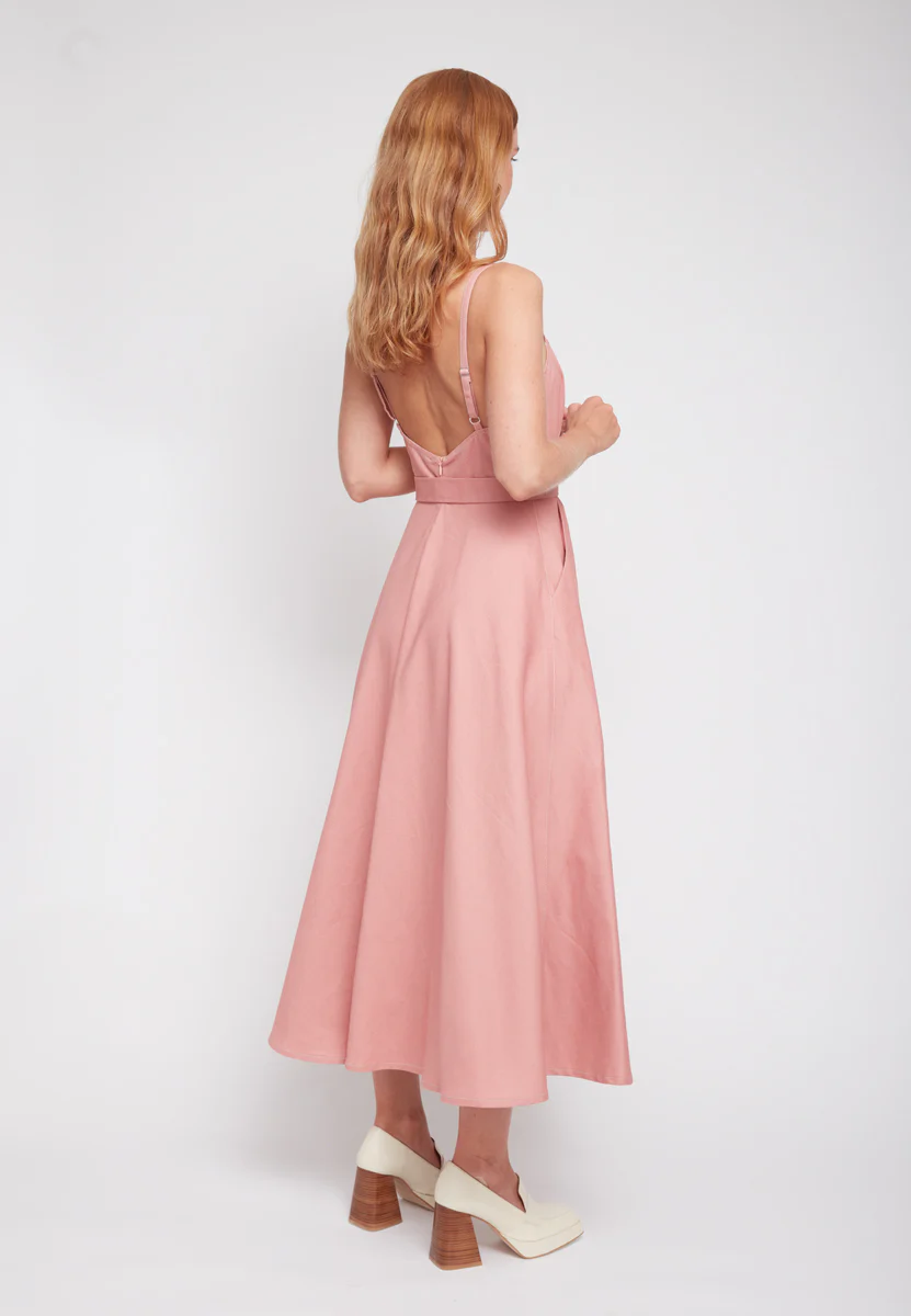 MATISSA pastel pink denim open back midi dress with retro skirt - Image 9
