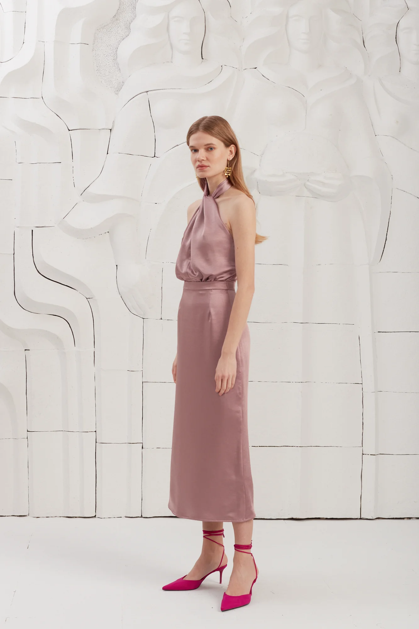 PAULA nude satin evening midi dress - Image 3