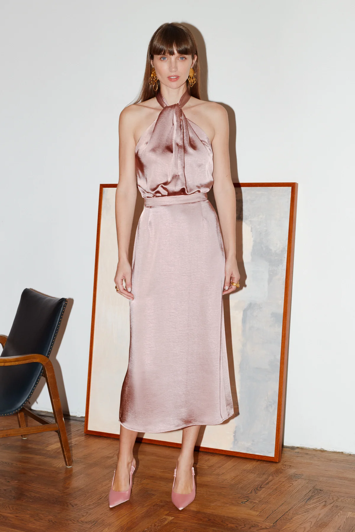 PAULA nude satin evening midi dress - Image 5