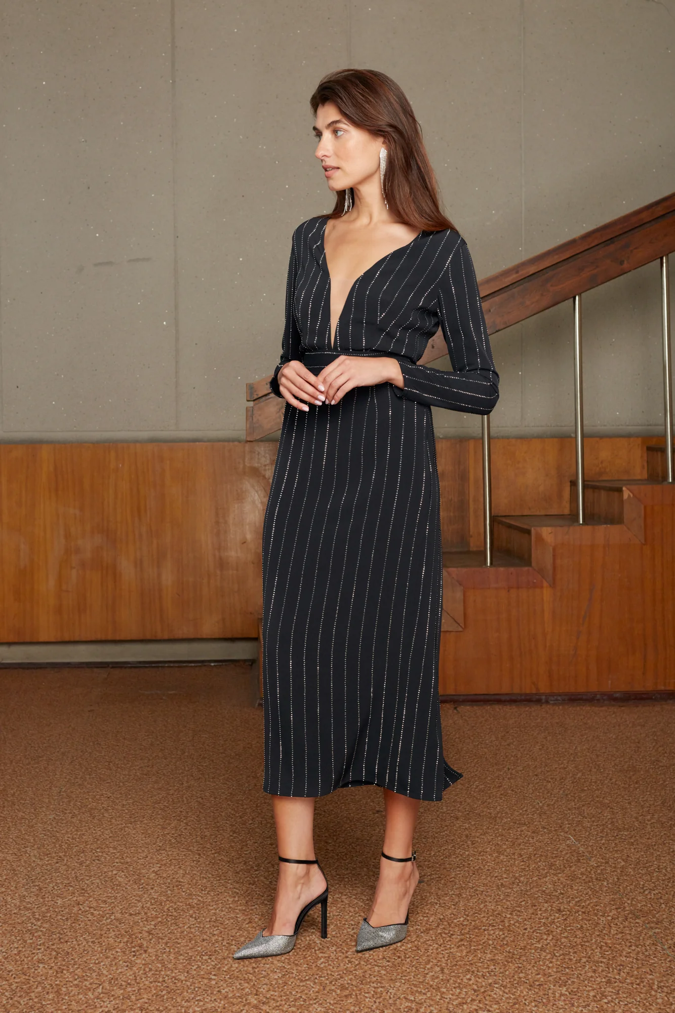 MEERA black rhinestone stripes fabric V neck dress - Image 7