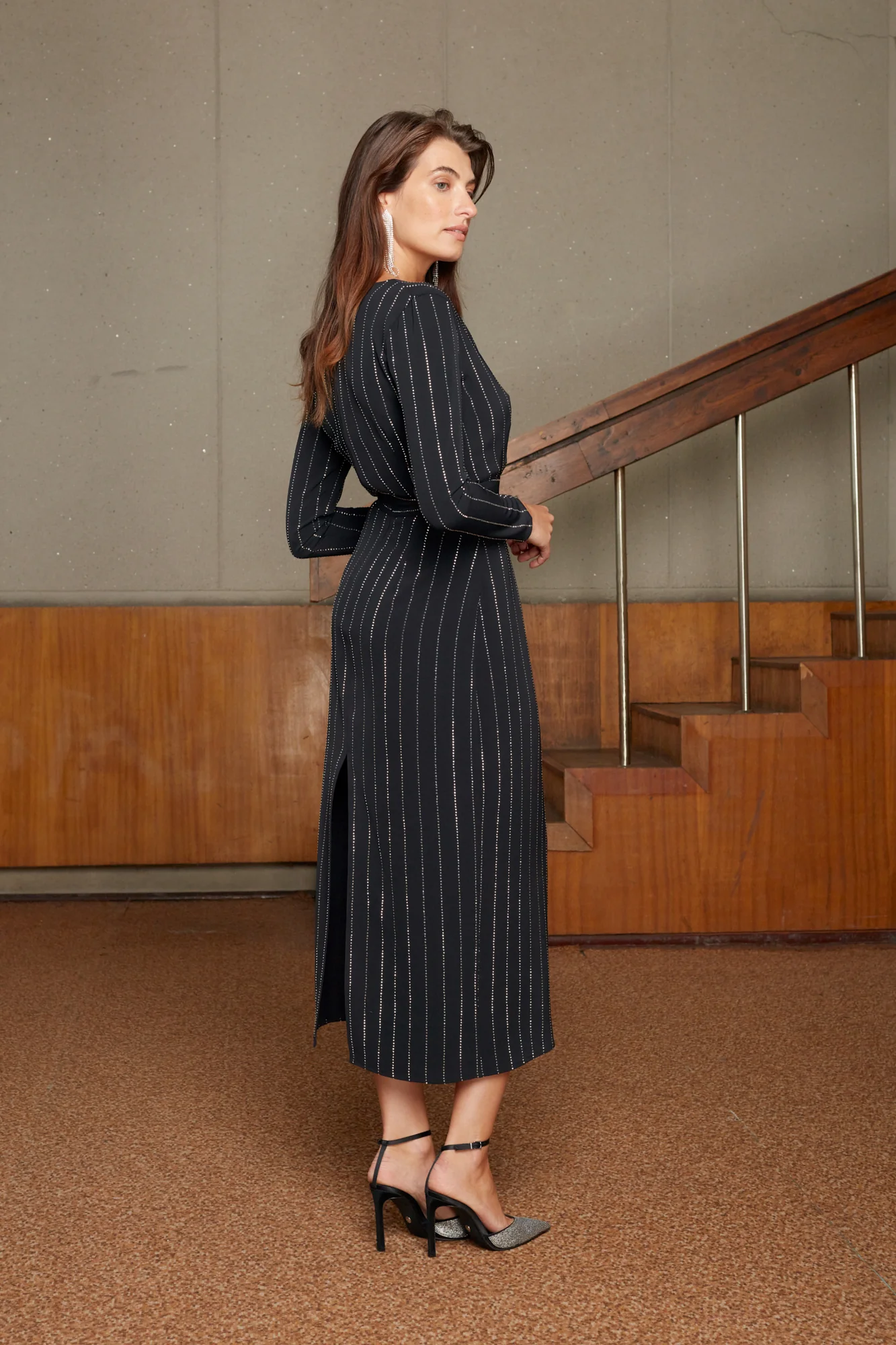 MEERA black rhinestone stripes fabric V neck dress - Image 8