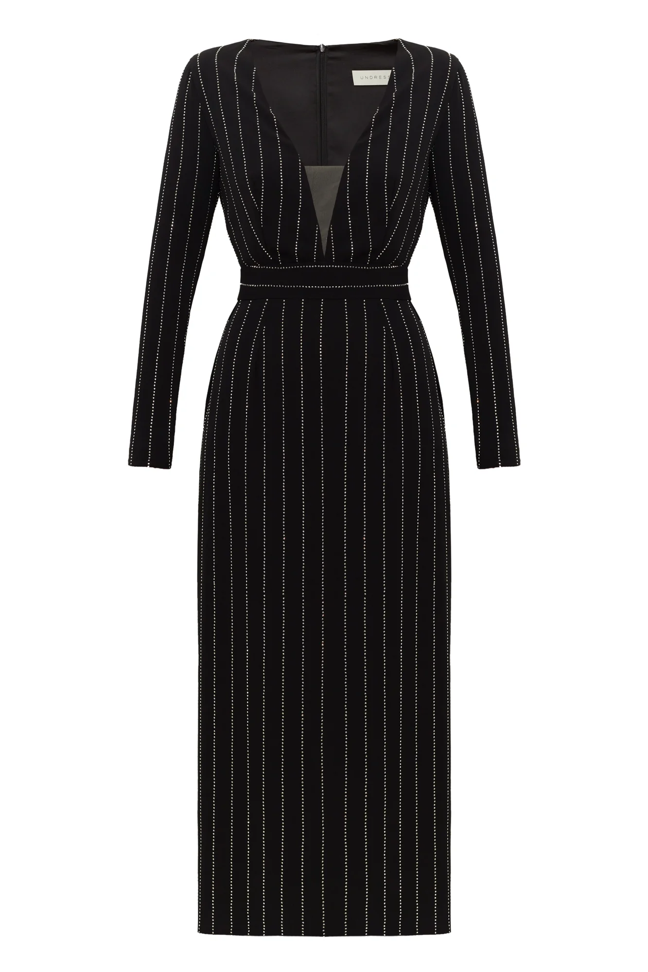 MEERA black rhinestone stripes fabric V neck dress - Image 9