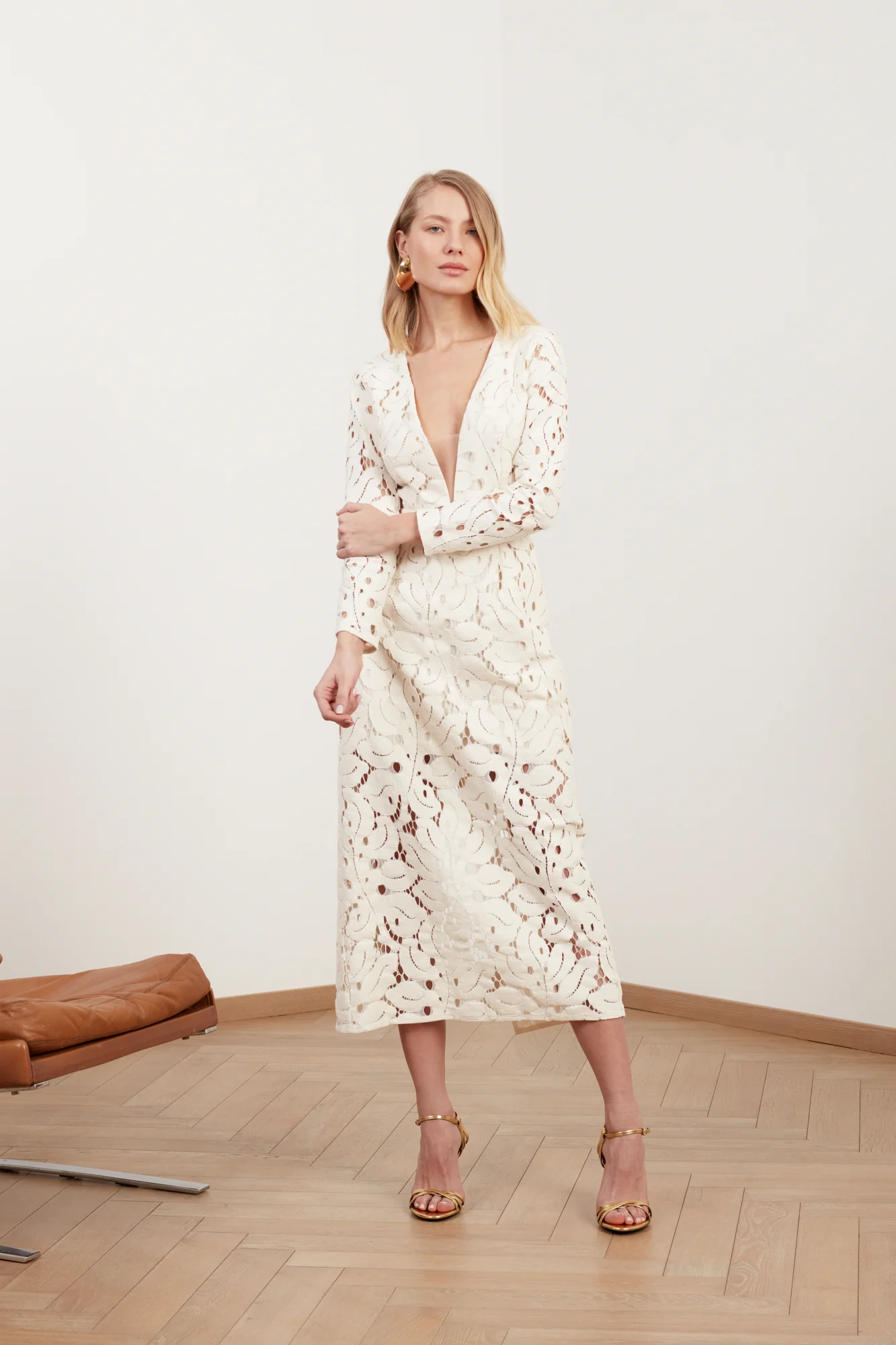 MEERA white lace fabric V neck midi wedding dress - Image 5