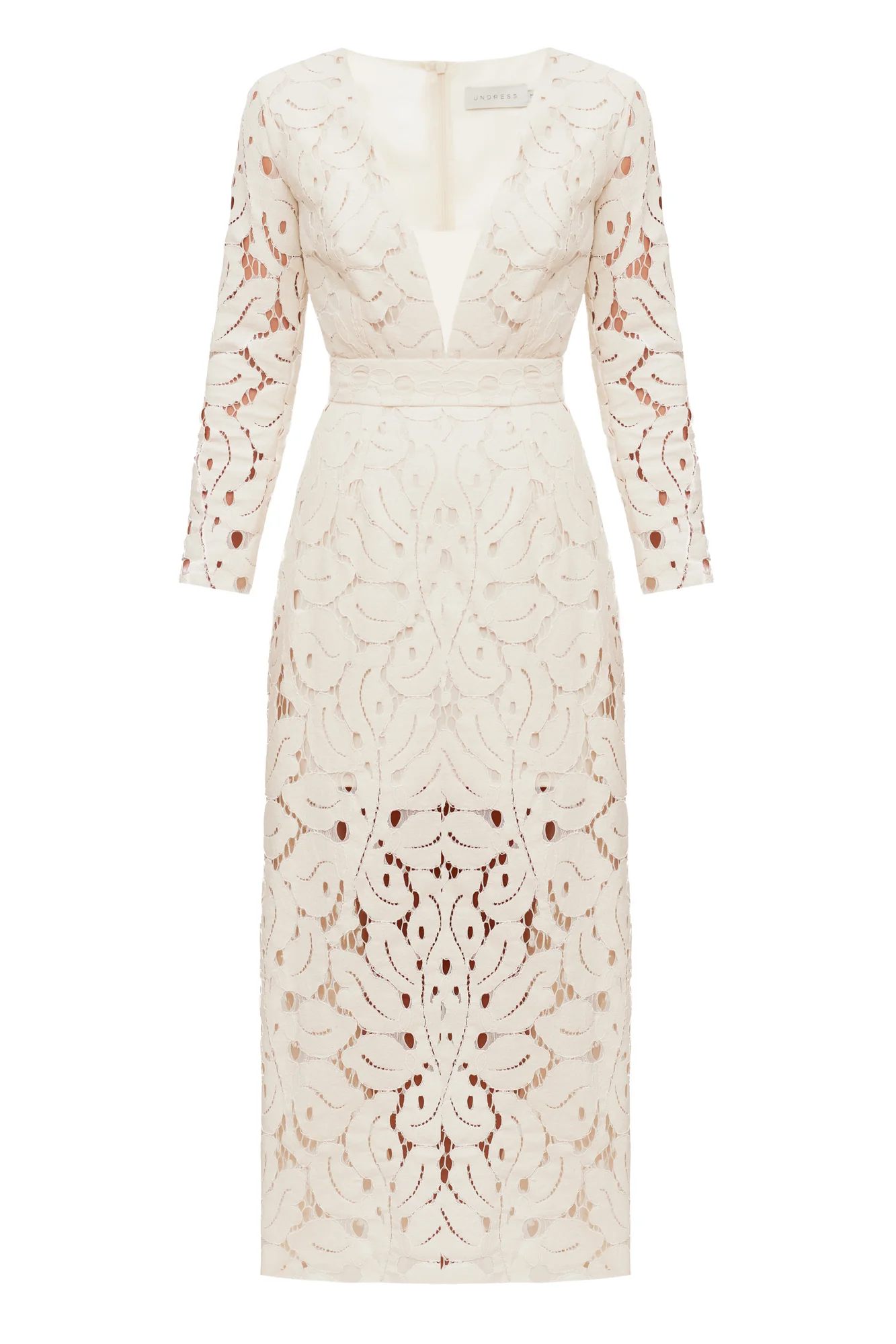 MEERA white lace fabric V neck midi wedding dress - Image 6