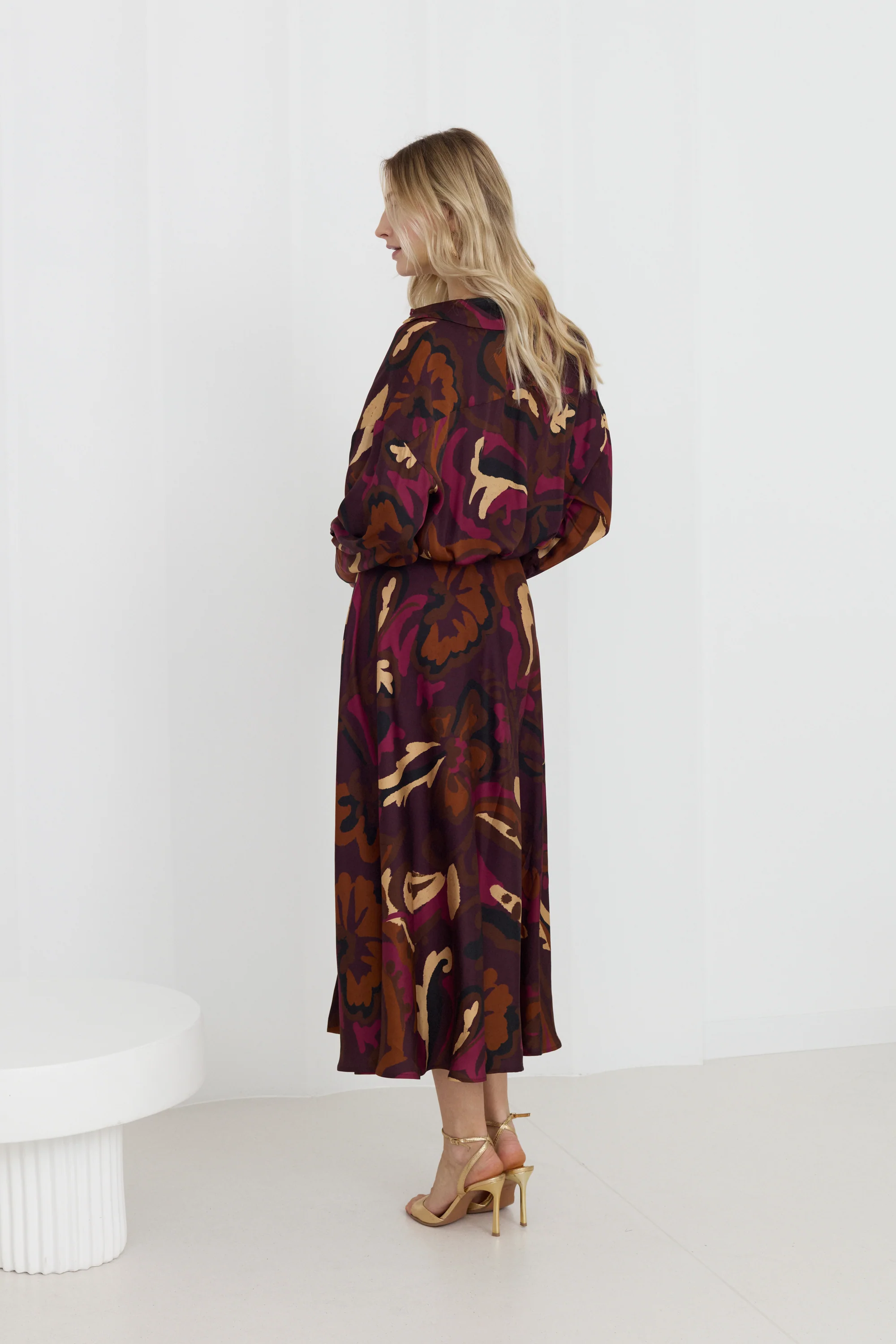 MEGARA Brown Pink Print Oversized Midi Shirt Dress With Kimono Sleeves - Image 3